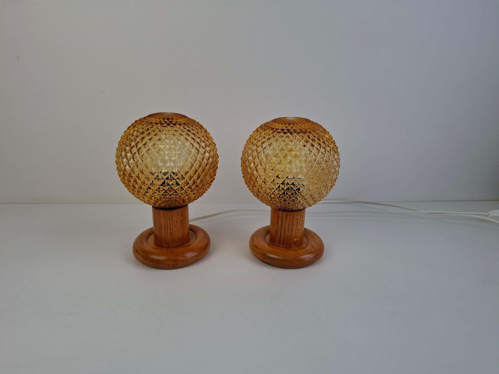 Pair Of Mid Century Table Lamps With Amber Glass And Wood Base, Czechoslovakia photo 419.0