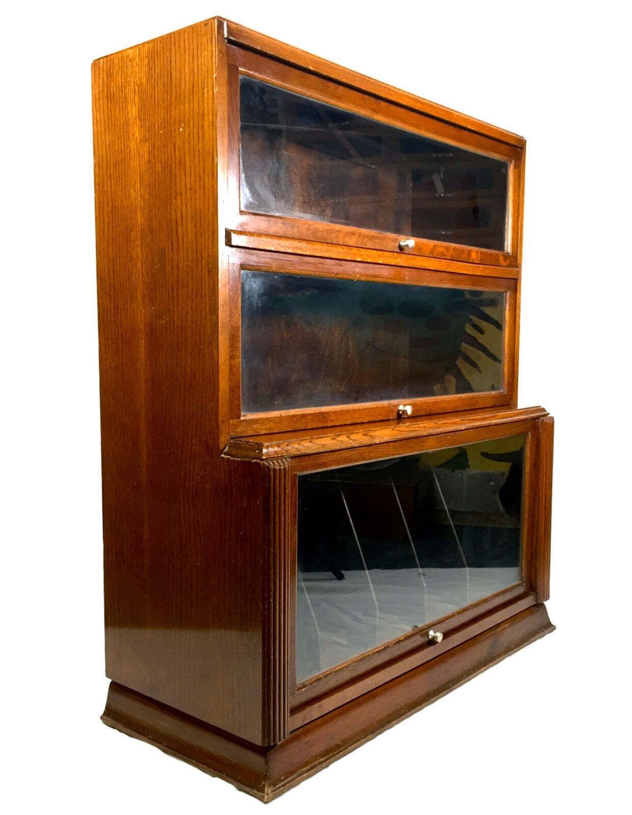 Antique 1950s Wooden Display Barristers Style Bookcase Cabinet With Glazed Doors