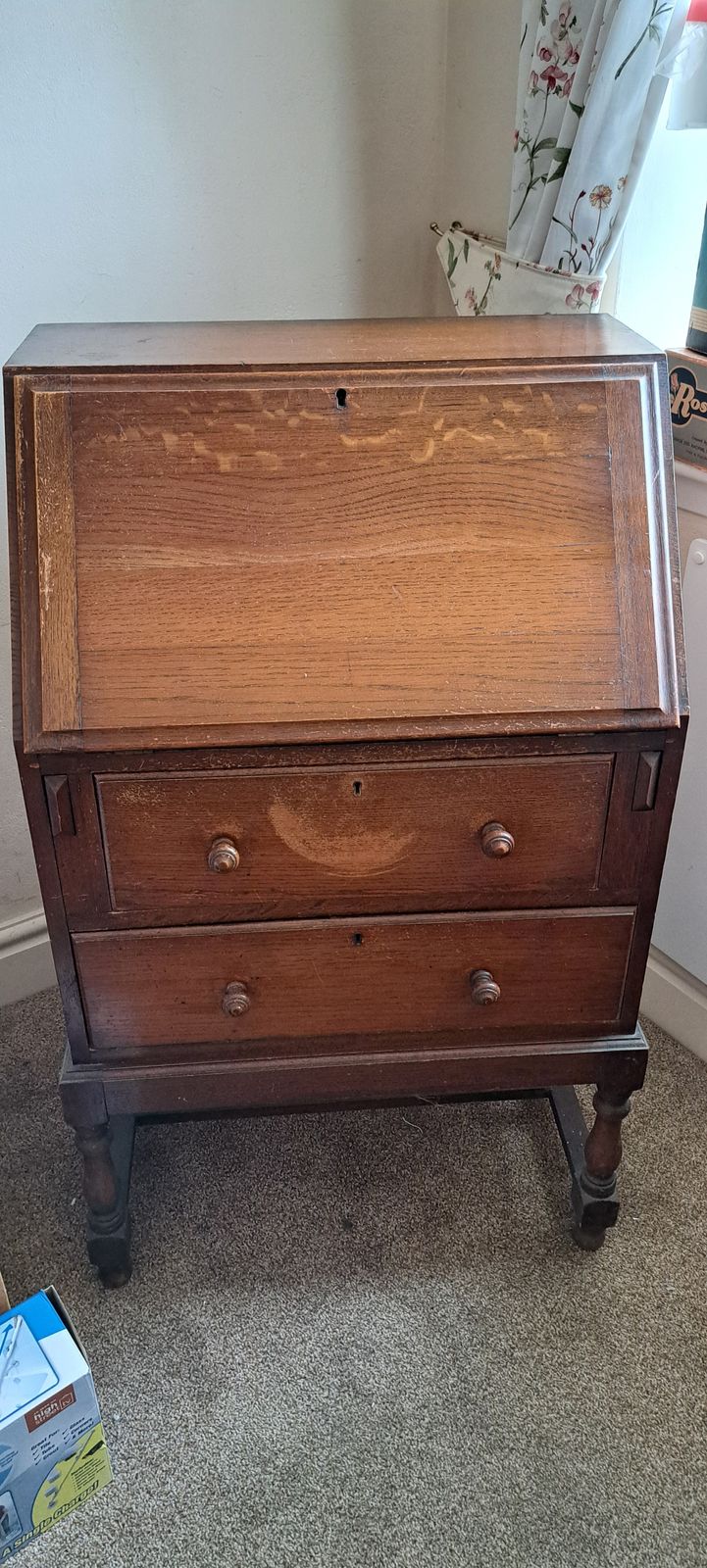 Vintage Mid 20th Century Oak Writing Bureau With Drop Down Front (Lockable) & 2 Drawers photo for sale