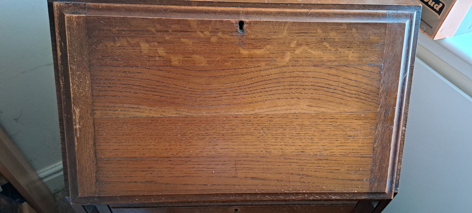 Vintage Mid 20th Century Oak Writing Bureau With Drop Down Front (Lockable) & 2 Drawers photo 50.0