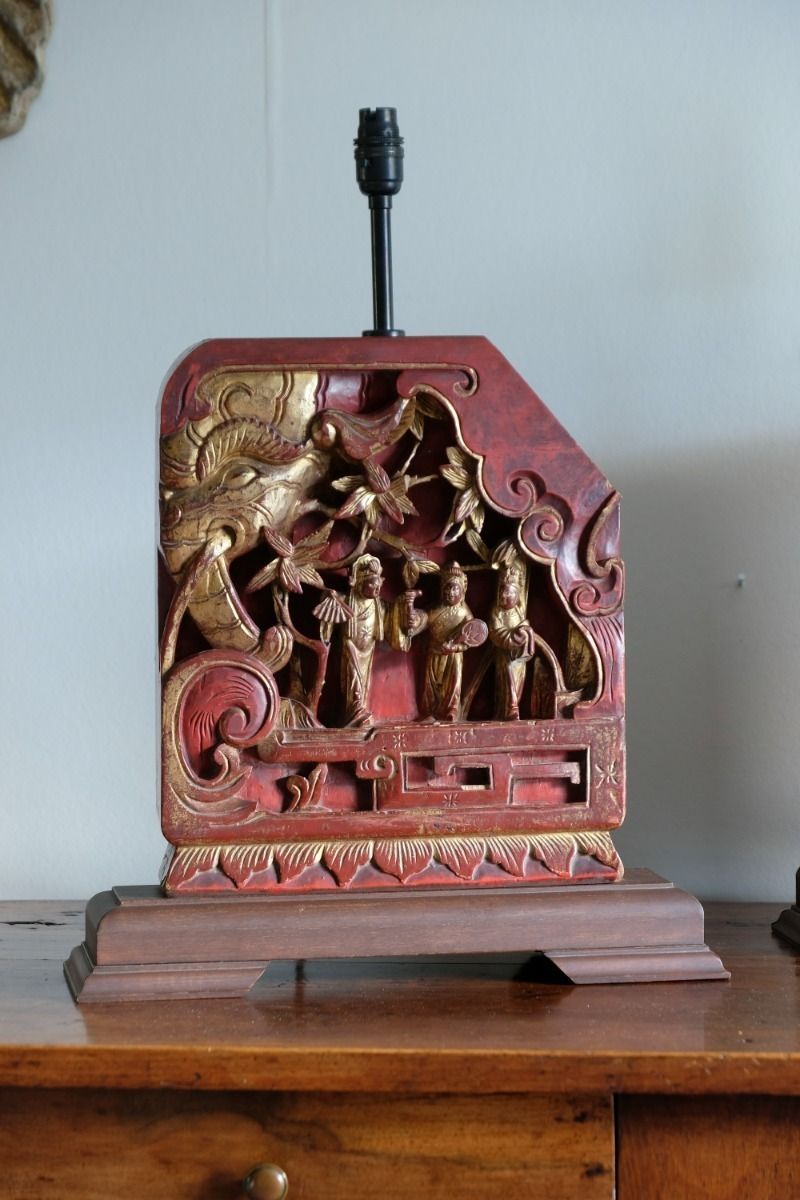 Pair Of Anglo Indian Carved Polychrome Wood Table Lamps With Figurative Relief Scenes photo furniture