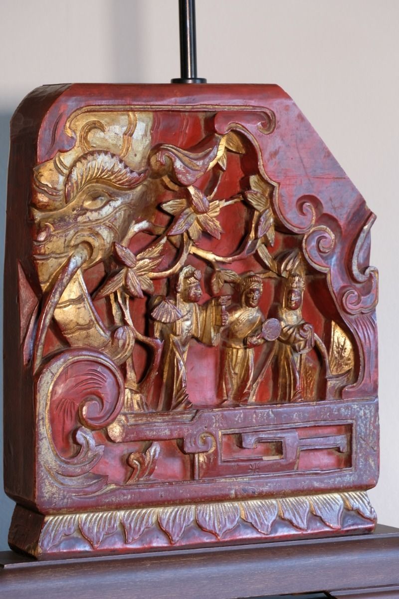 Pair Of Anglo Indian Carved Polychrome Wood Table Lamps With Figurative Relief Scenes photo Lighting