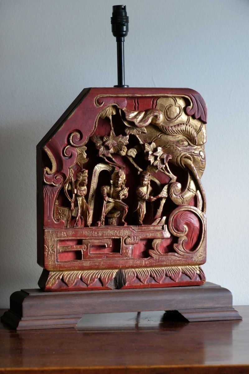 Pair Of Anglo Indian Carved Polychrome Wood Table Lamps With Figurative Relief Scenes photo vinterior