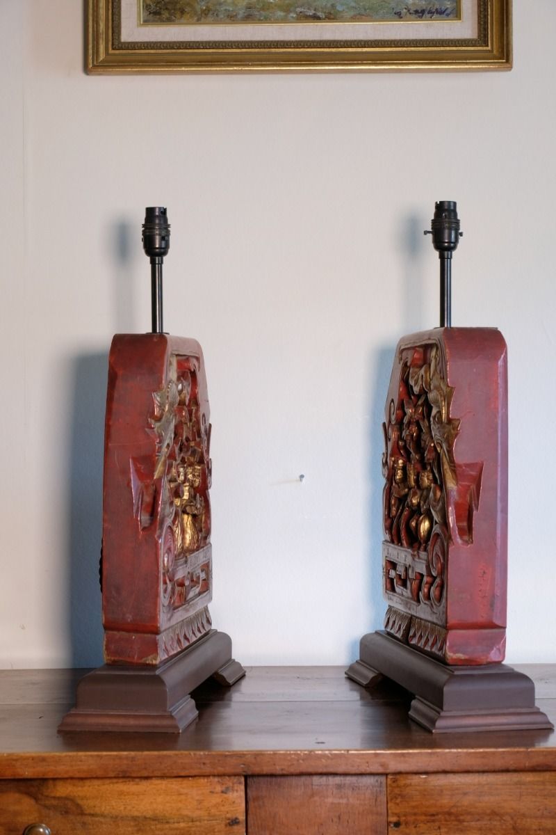 Pair Of Anglo Indian Carved Polychrome Wood Table Lamps With Figurative Relief Scenes photo buy