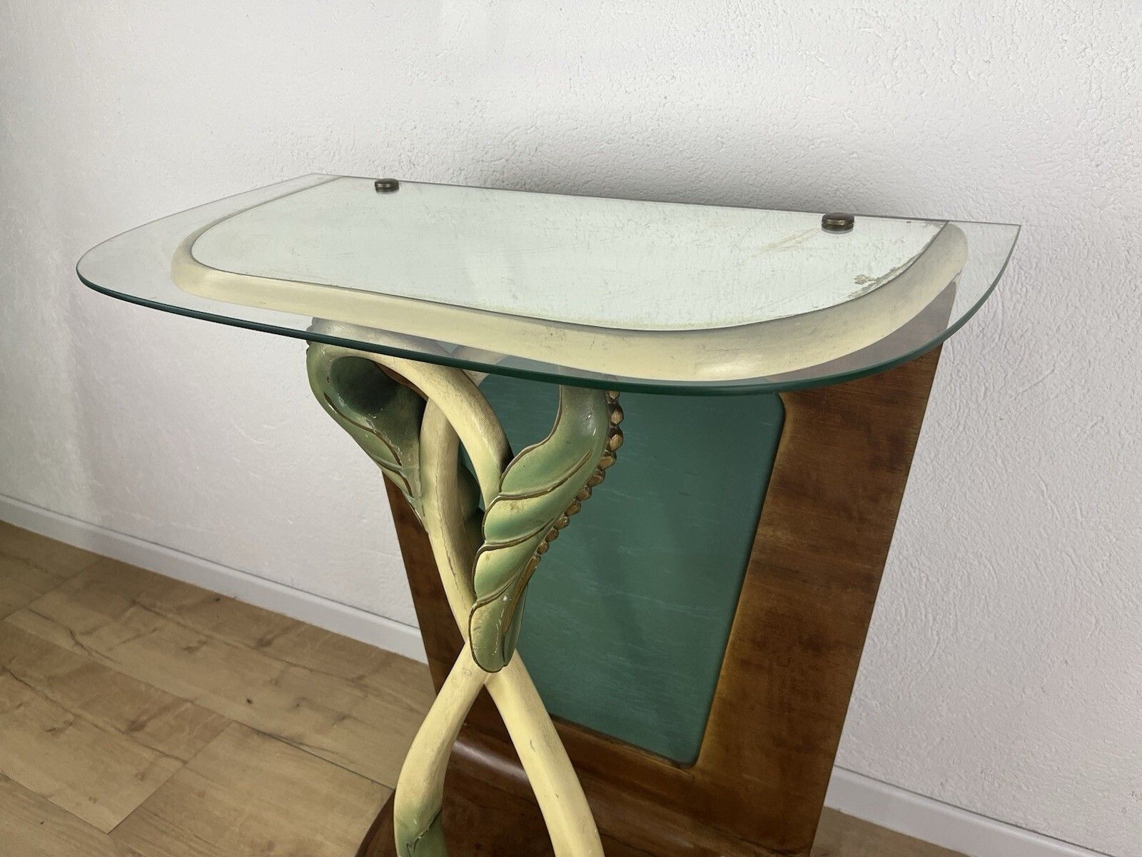 photo vintage Vintage 1940s Wood And Glass Console Table With Leaves