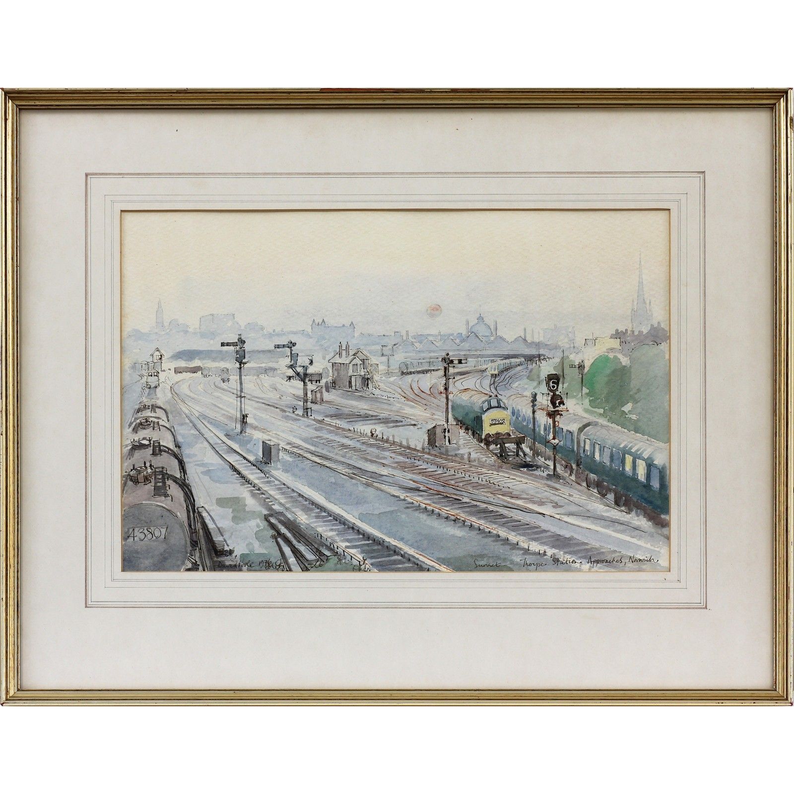 Watercolour By David Poole. Titled "Sunset, Thorpe Station Approaches, Norwich."