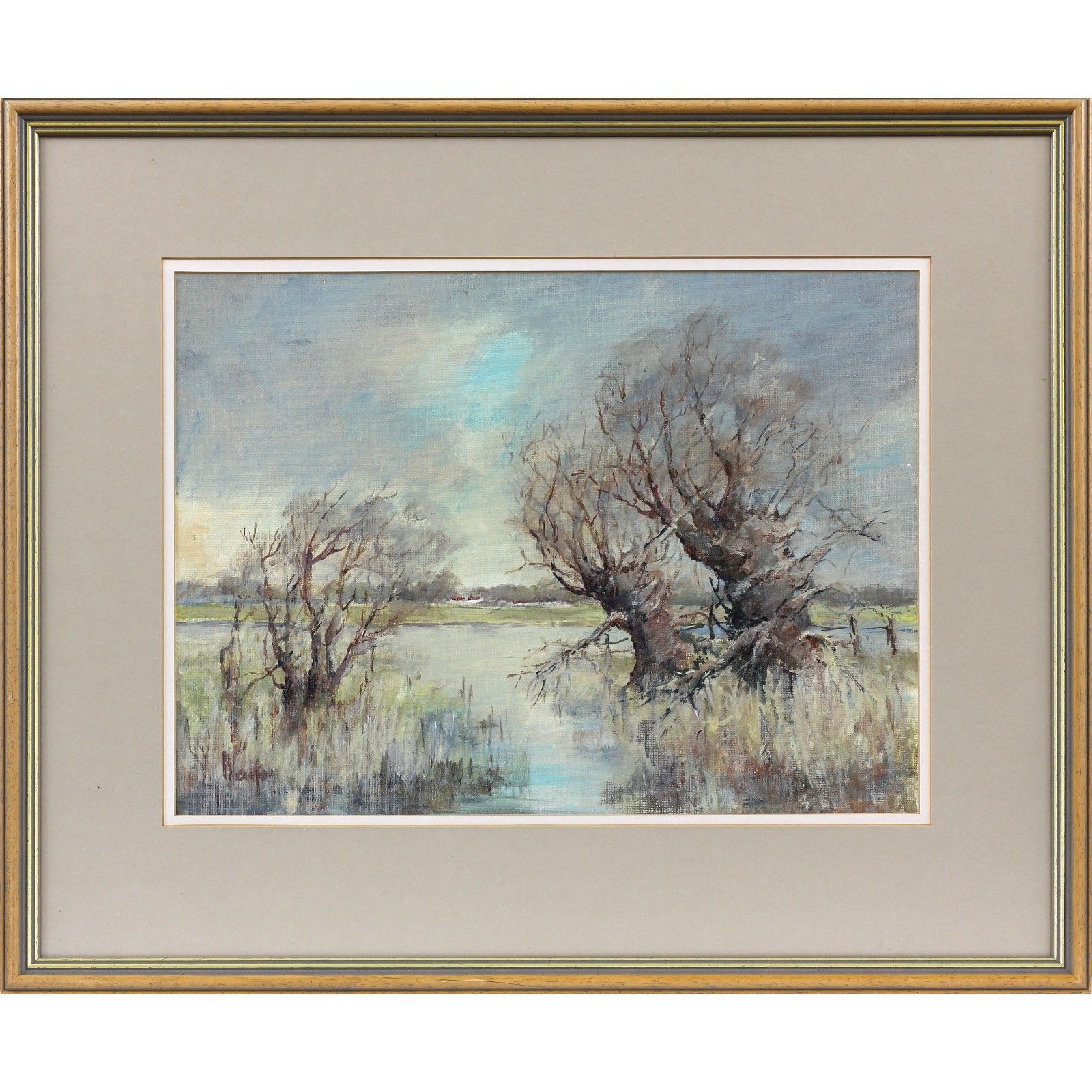 Acrylic On Board Behind Glass By Pat Newton. Titled "Ouse Washes Welney".
