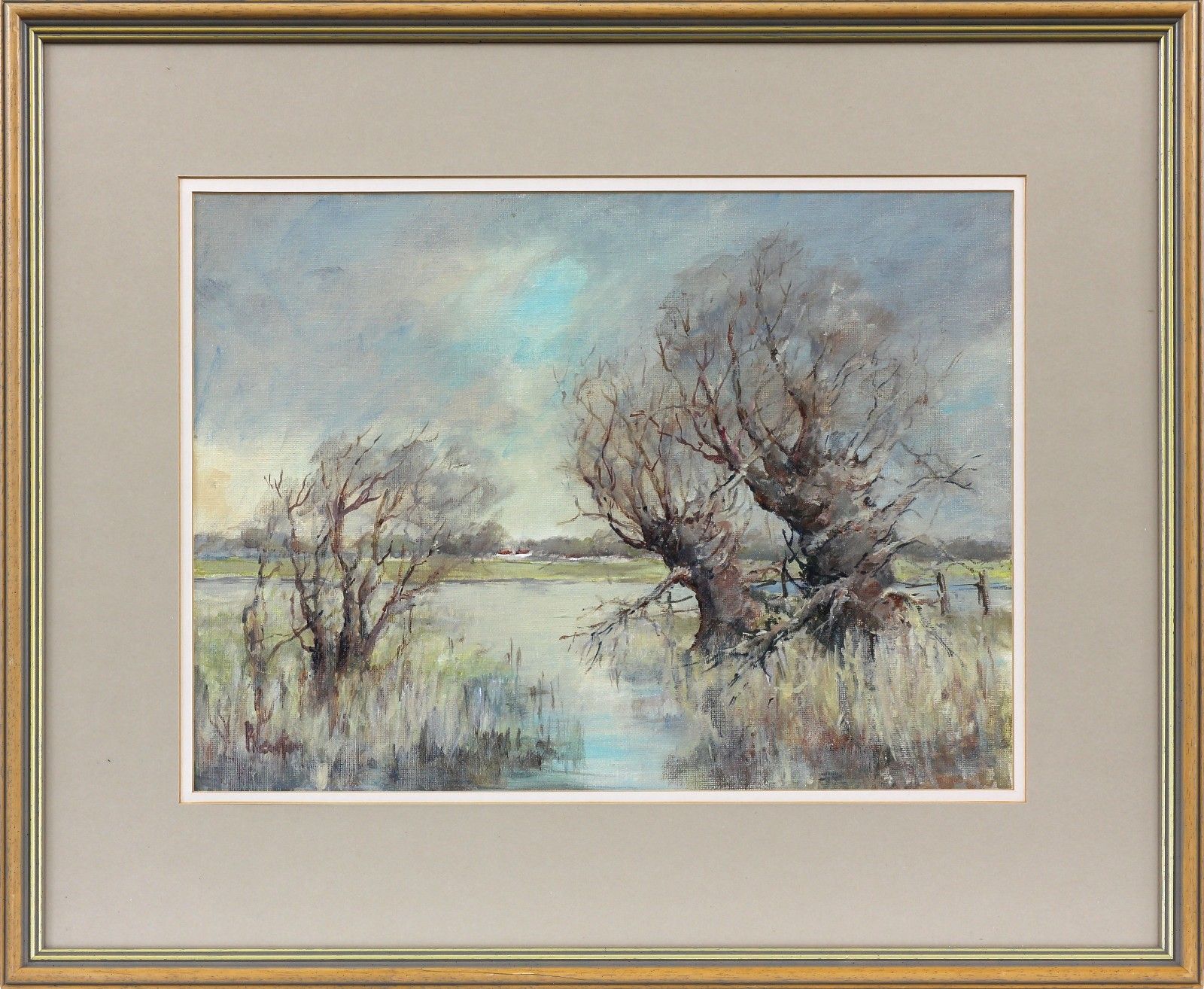 Acrylic On Board Behind Glass By Pat Newton. Titled "Ouse Washes Welney". photo Art