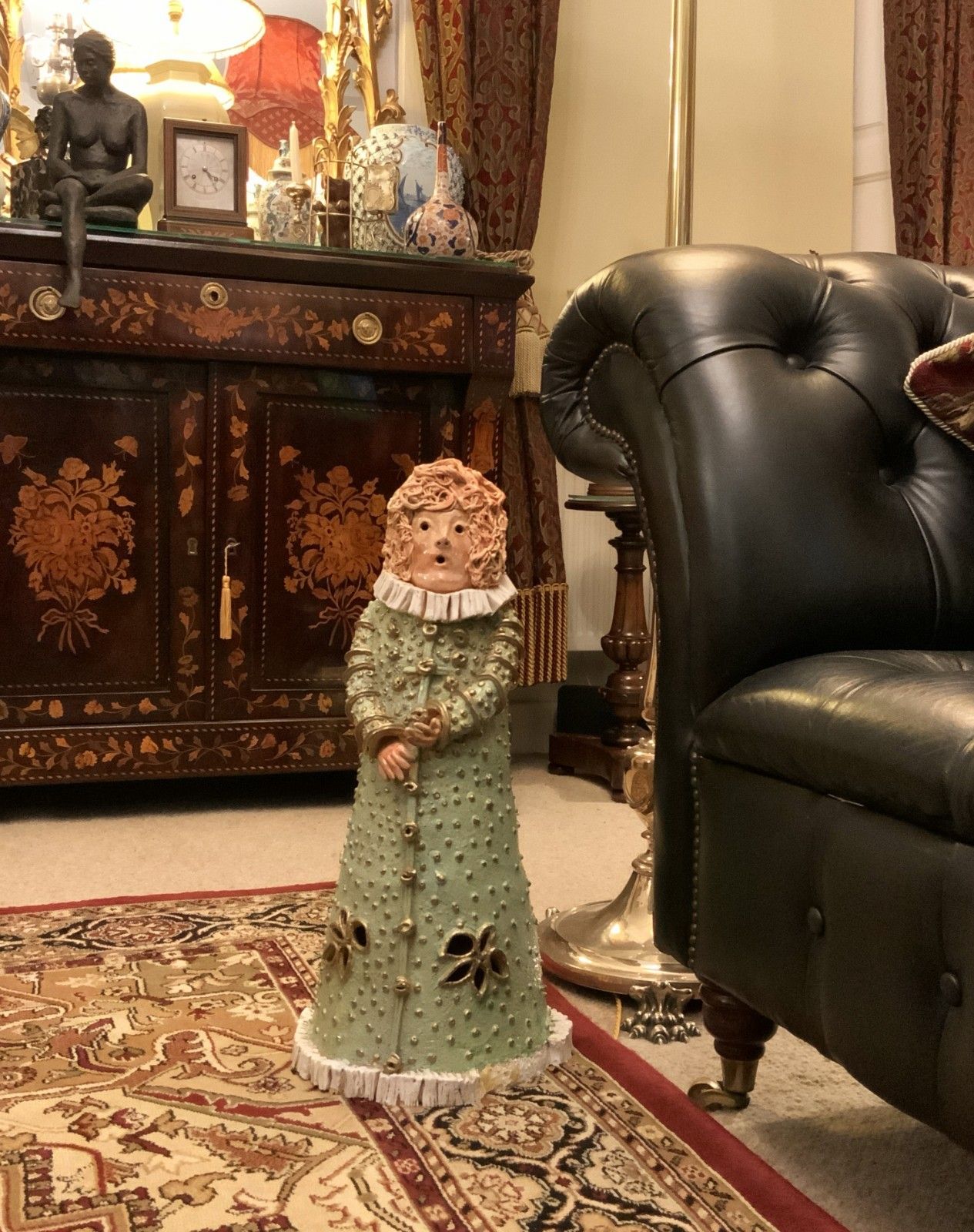 Large Elizabethan Dressed Lady Faience Pottery Sculpture Polychrome Figurine photo furniture
