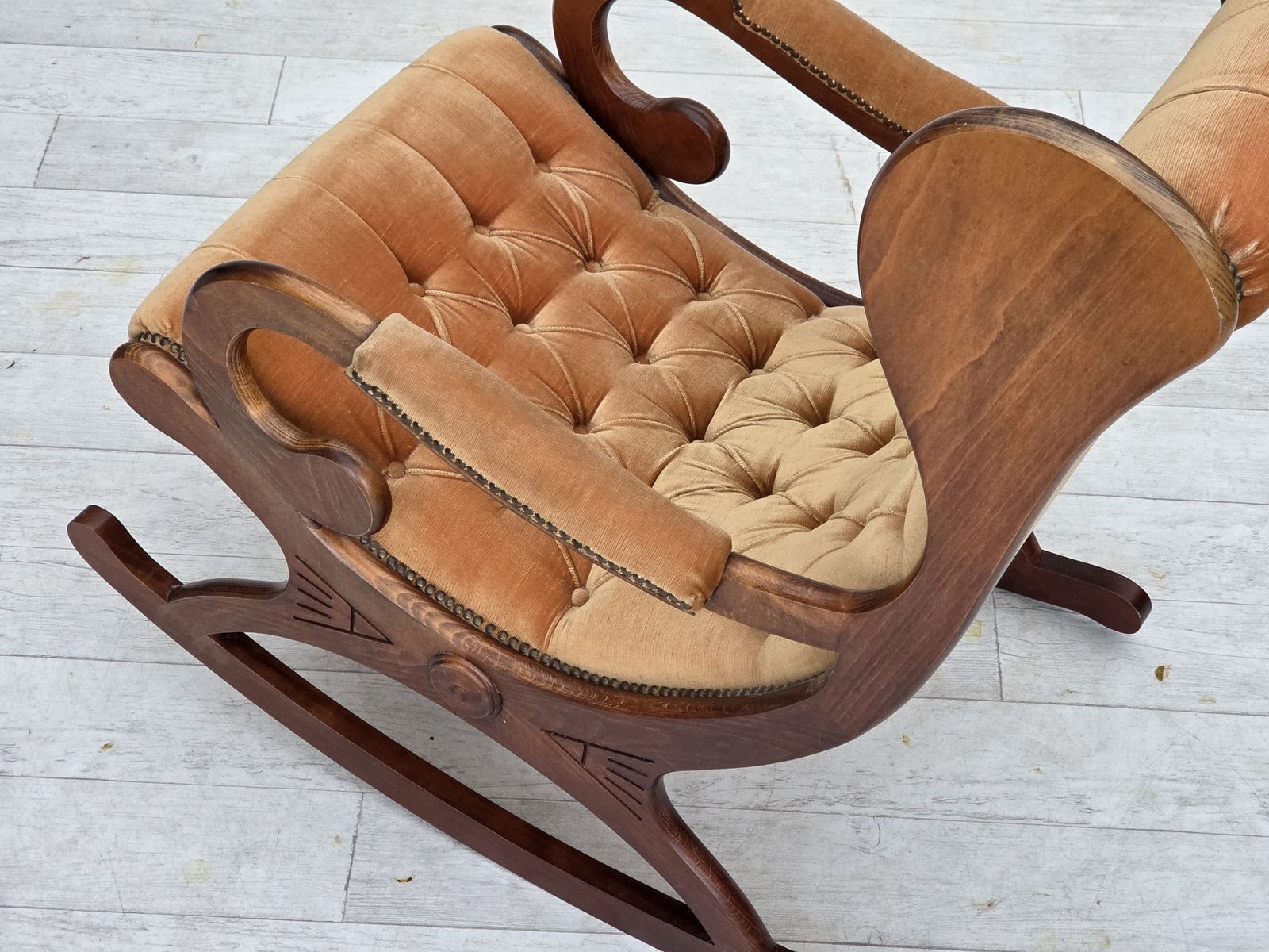 photo furniture 1960s, Scandinavian Rocking Chair, Furniture Velour, Dark Beech Wood.