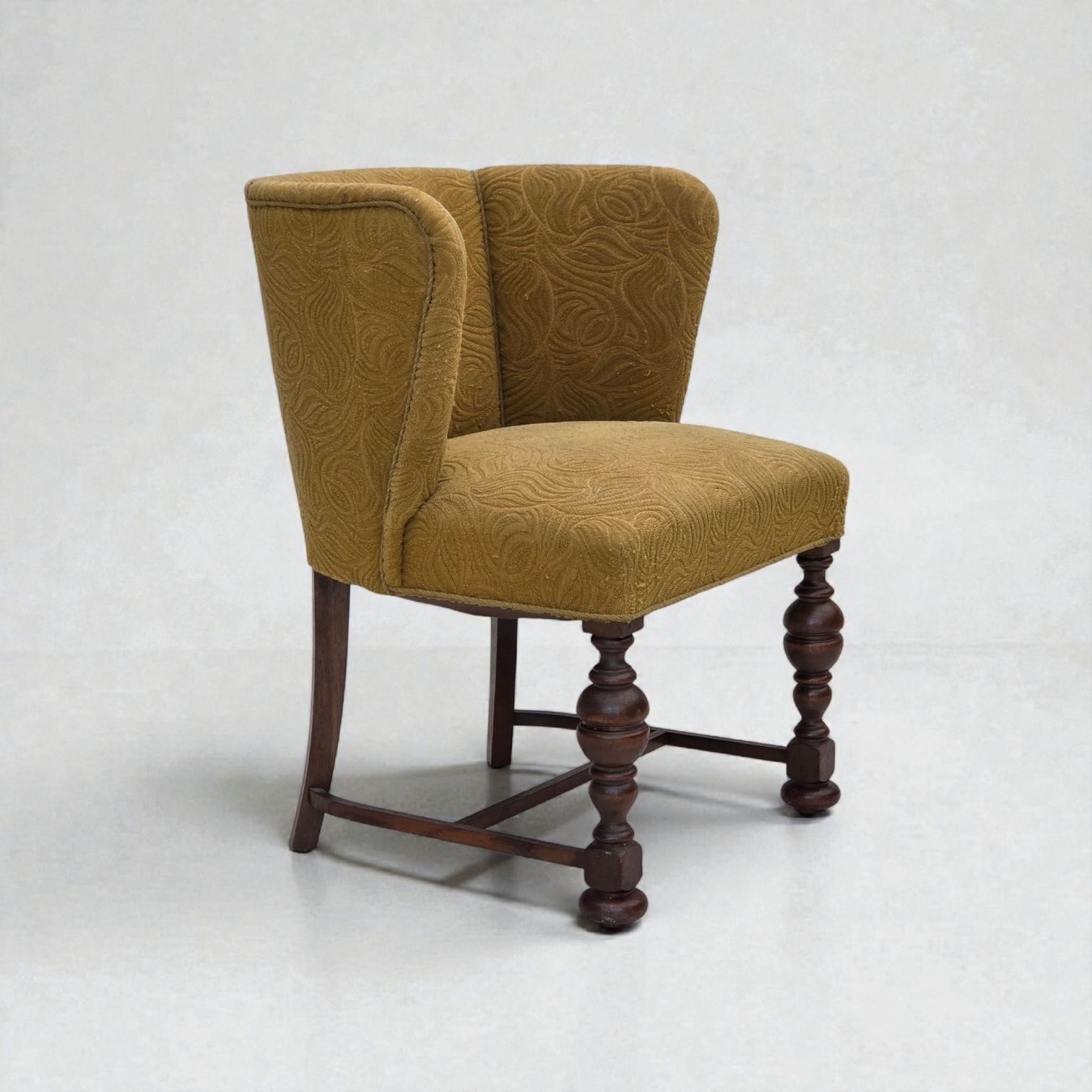 1950s, Danish Lounge Chair, Green Furniture Velour/Wool, Dark Oak Wood.
