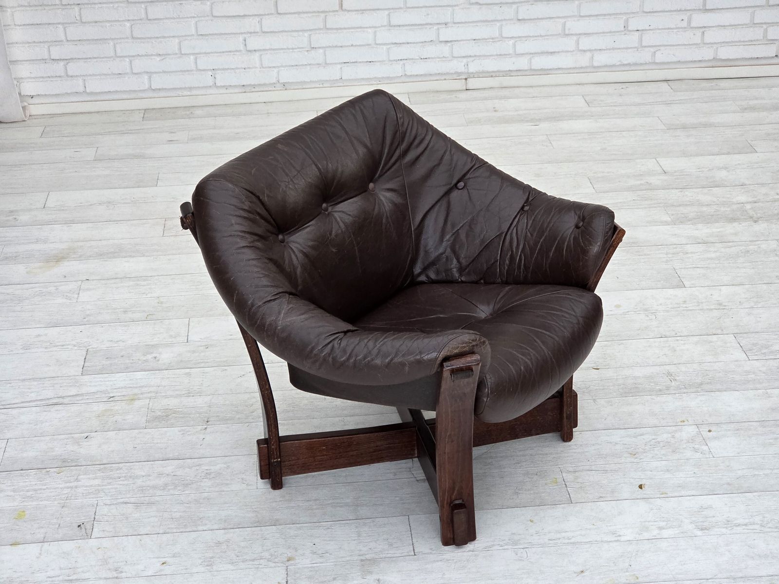 1970s, Scandinavian Lounge Chair, Furniture Leather, Oak Wood. photo for sale