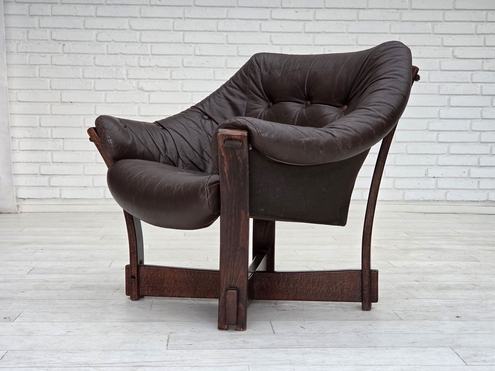 1970s, Scandinavian Lounge Chair, Furniture Leather, Oak Wood. photo buy