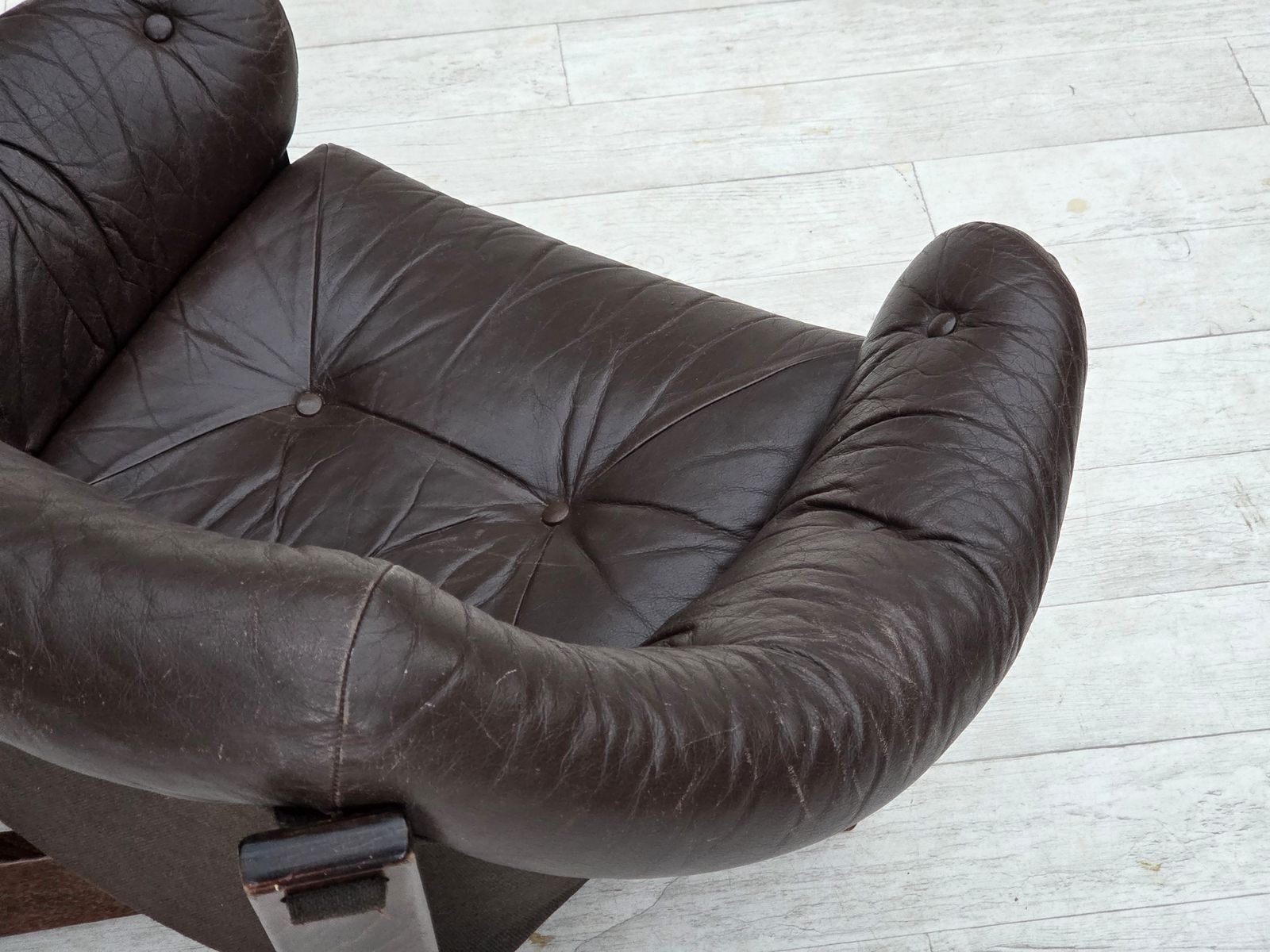 1970s, Scandinavian Lounge Chair, Furniture Leather, Oak Wood. photo vintage