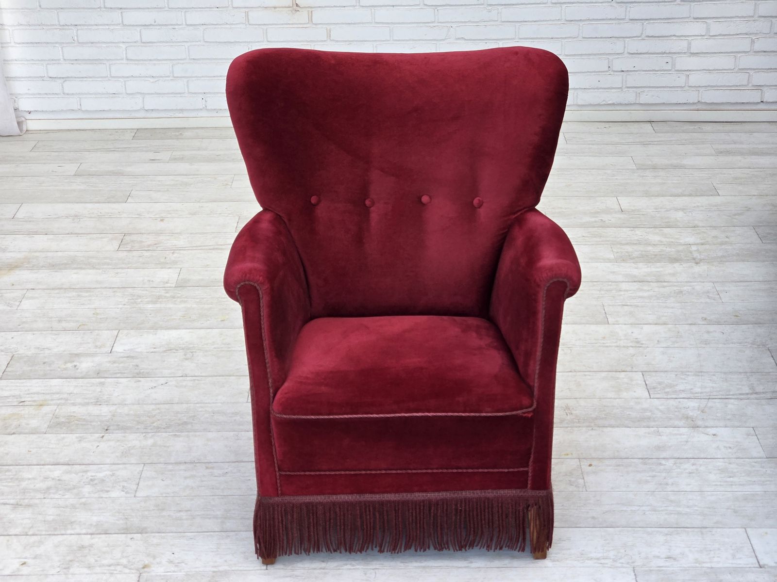 1970s, Danish Armchair, Cherry Red Furniture Velour, Oak Wood Legs. photo Furniture