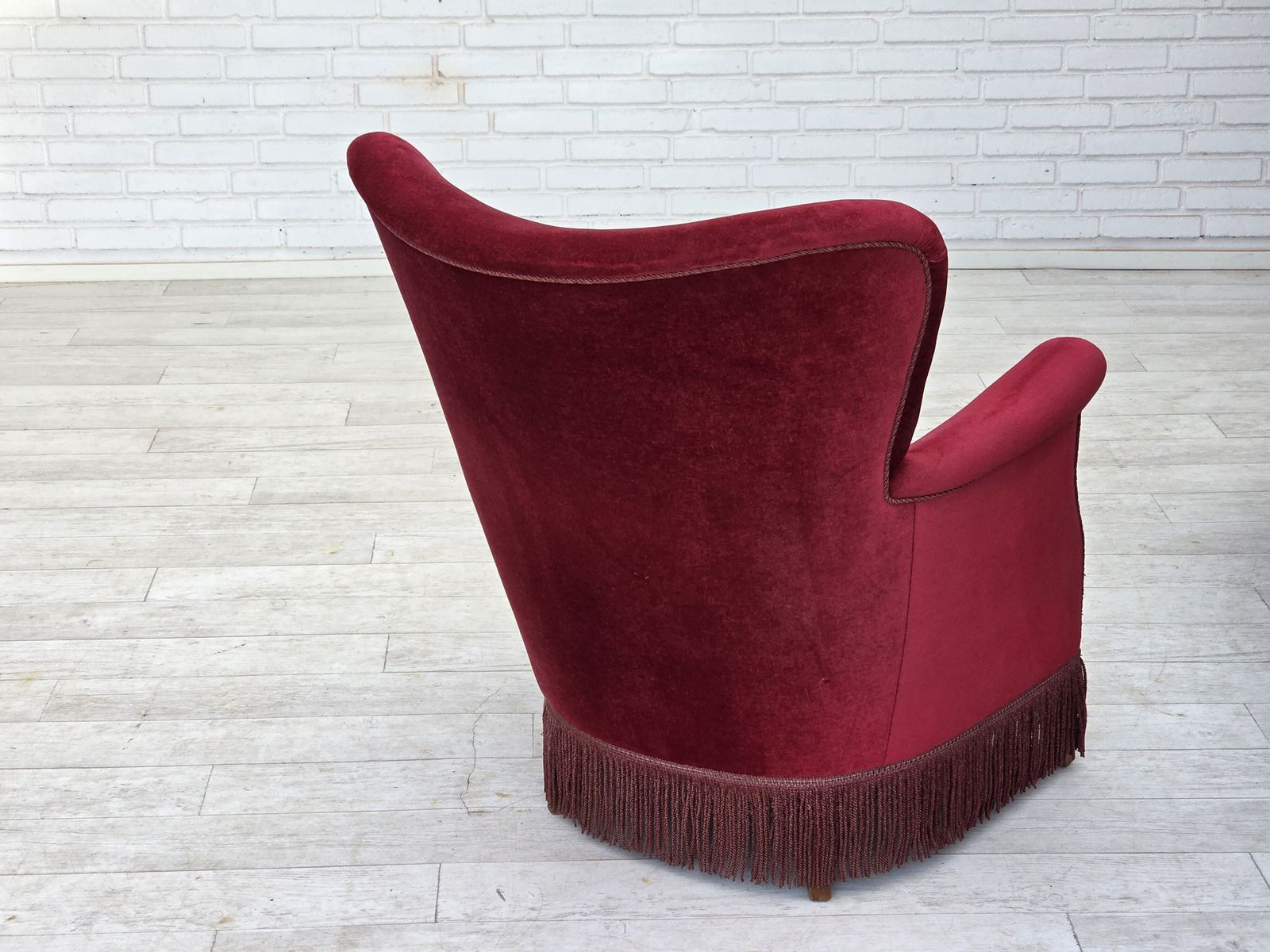 1970s, Danish Armchair, Cherry Red Furniture Velour, Oak Wood Legs. photo vinterior