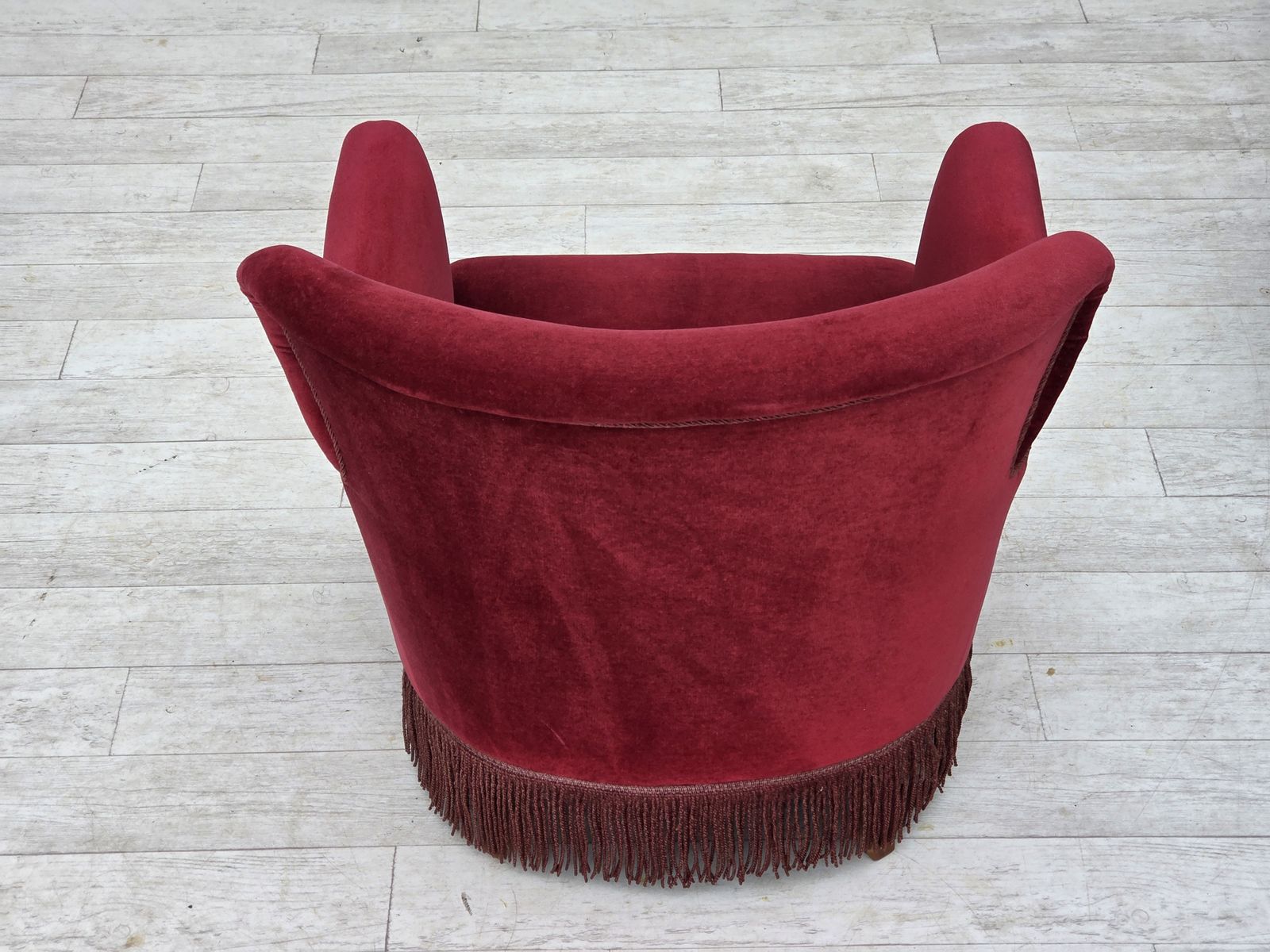 1970s, Danish Armchair, Cherry Red Furniture Velour, Oak Wood Legs. photo Furniture