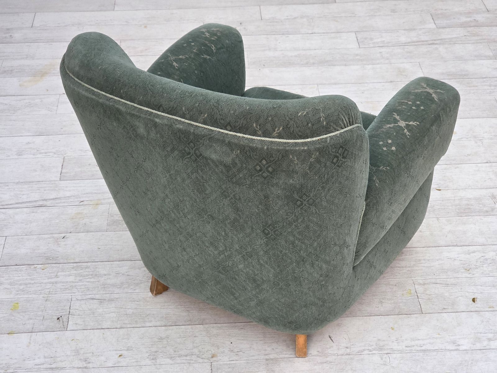 1960s, Danish Armchair, Light Green Furniture Wool, Oak Wood Legs. photo vintage