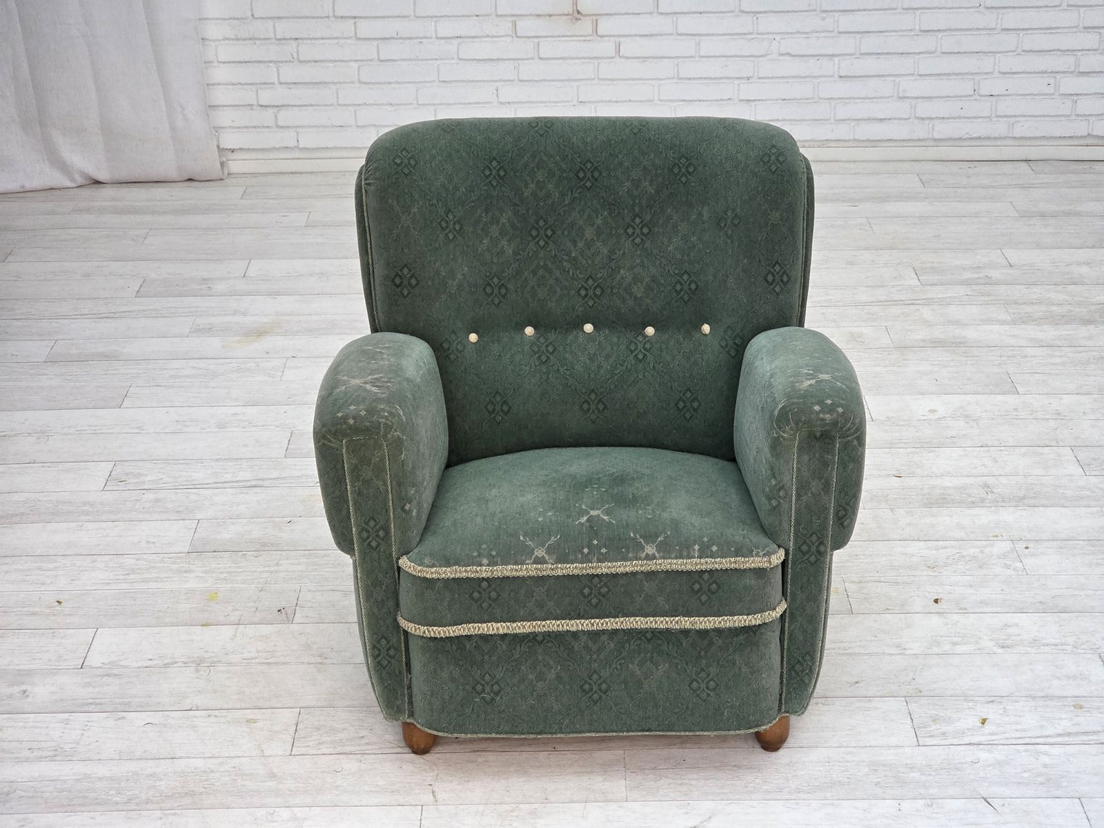photo furniture 1960s, Danish Armchair, Light Green Furniture Wool, Oak Wood Legs.