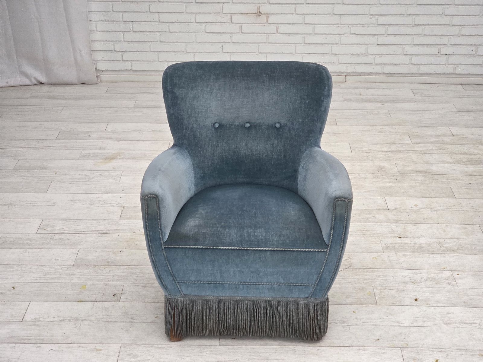 1970s, Danish Armchair With Footstool, Blue Furniture Velour, Oak Wood Legs. photo vinterior