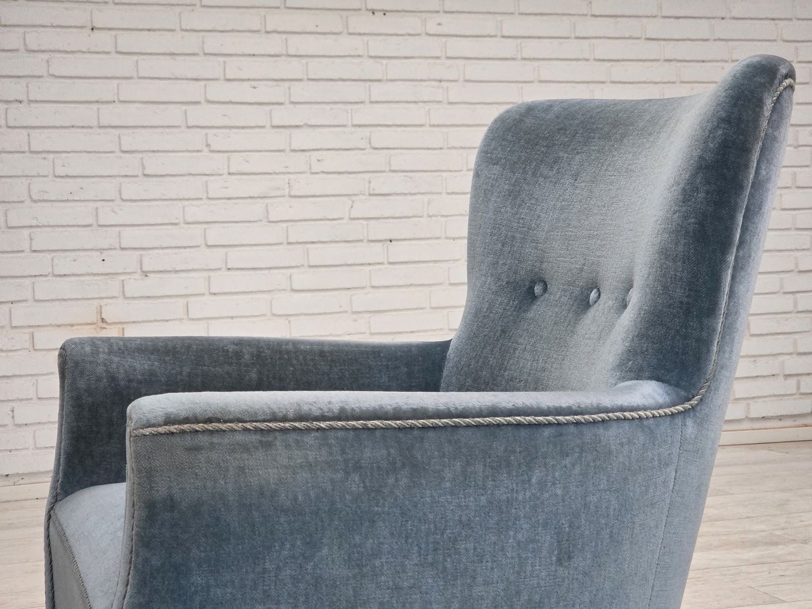 1970s, Danish Armchair With Footstool, Blue Furniture Velour, Oak Wood Legs. photo buy