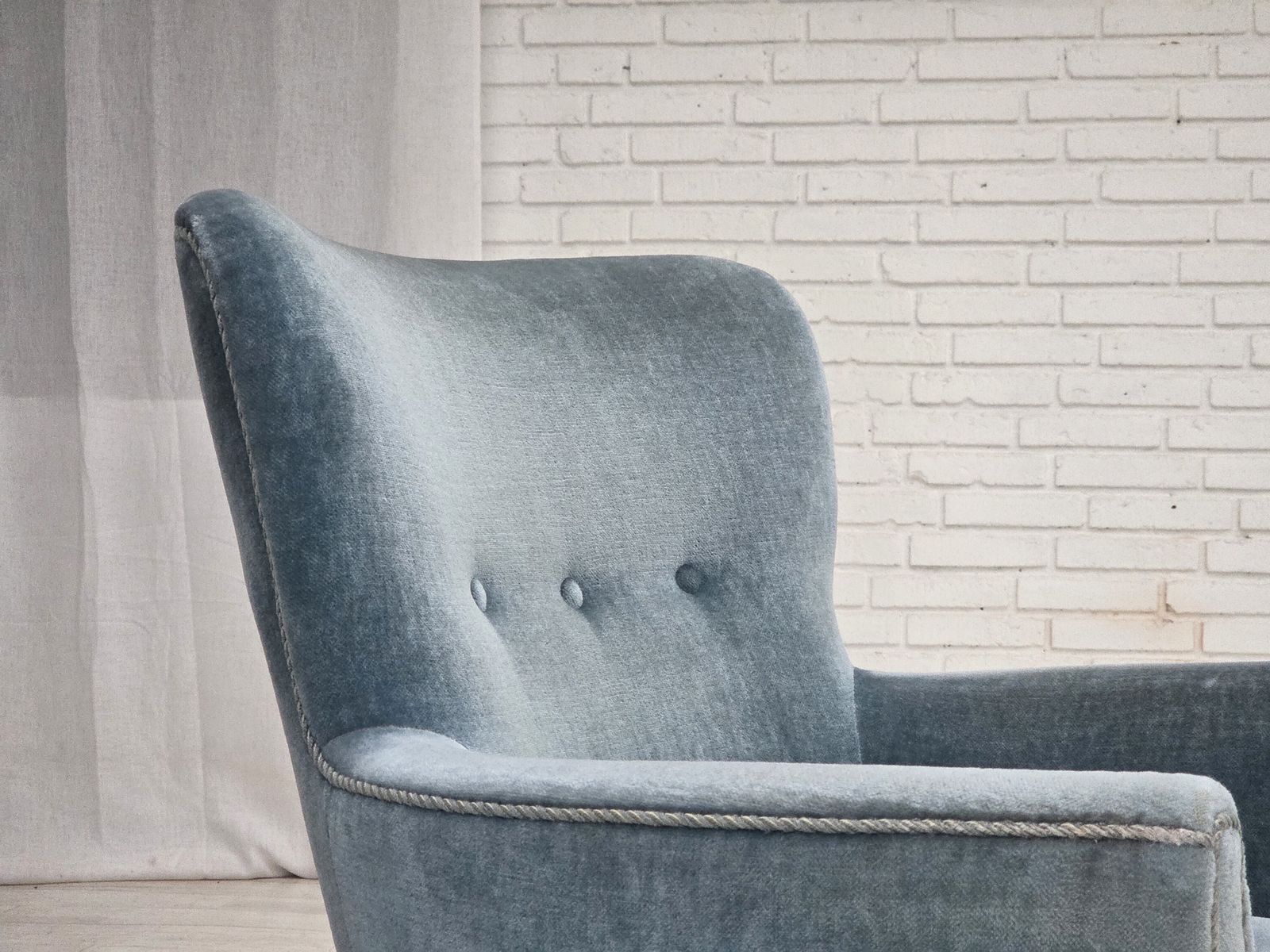1220.0 1970s, Danish Armchair With Footstool, Blue Furniture Velour, Oak Wood Legs. photo