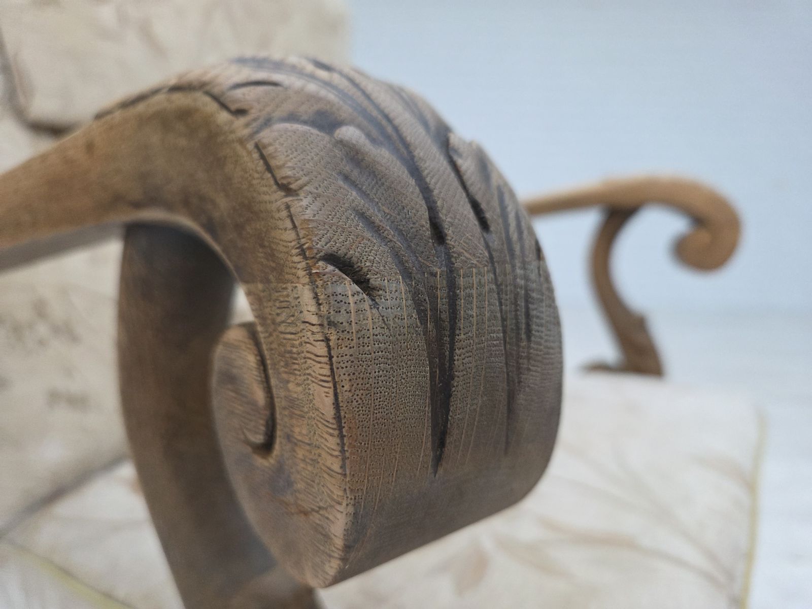 photo buy 1960s, Danish Armchair, Beige/Brown Furniture Fabric, Carved Oak Wood.