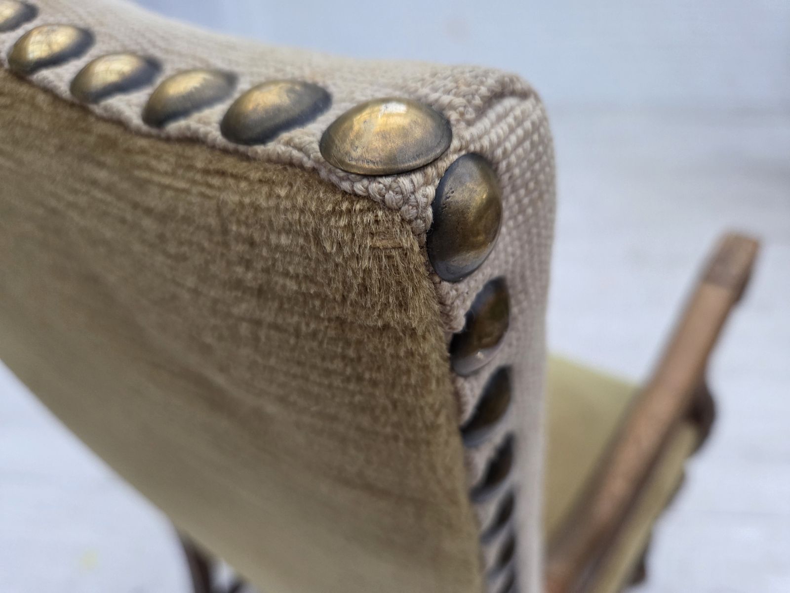 1950s, Danish Highback Armchair, Hand Woven Wool, Velour, Carved Oak Wood. photo Furniture