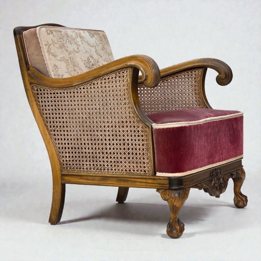 1940s, Danish Armchair, Woven Wool, Velour, Furniture Mesh, Carved Oak Wood.