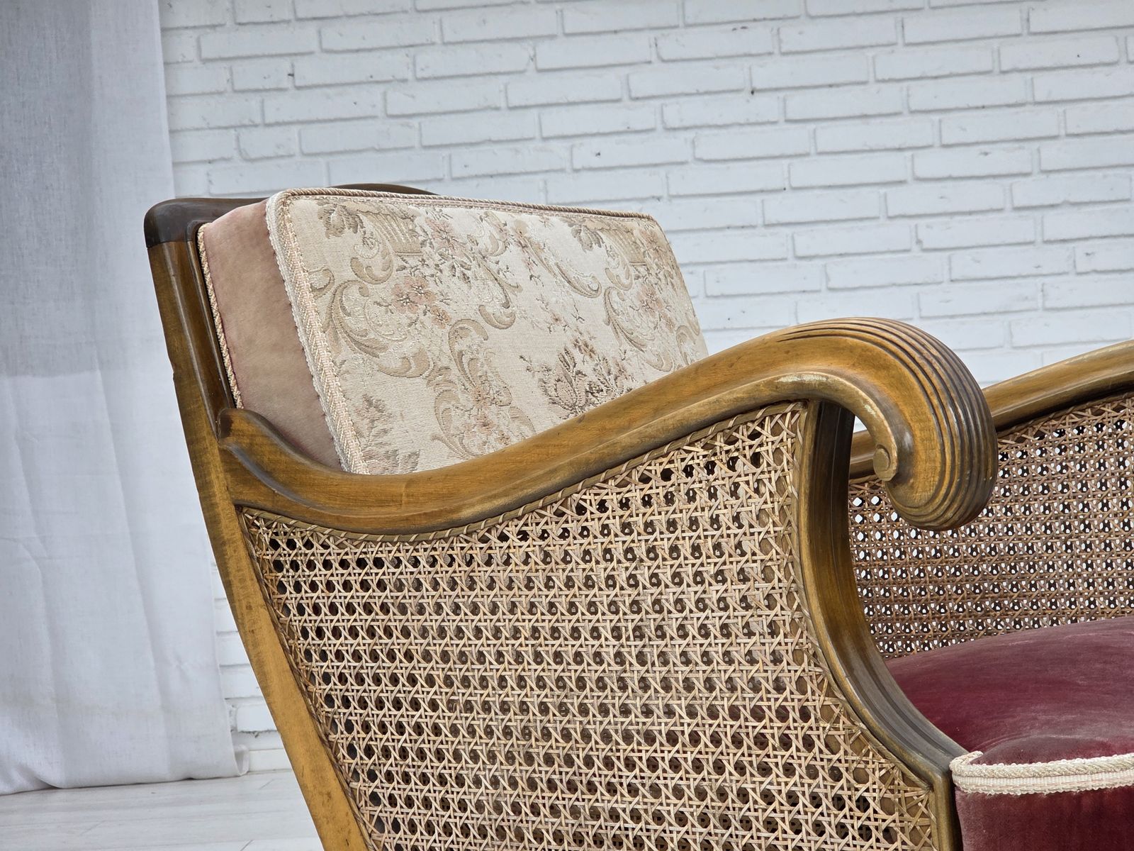 1940s, Danish Armchair, Woven Wool, Velour, Furniture Mesh, Carved Oak Wood. photo for sale