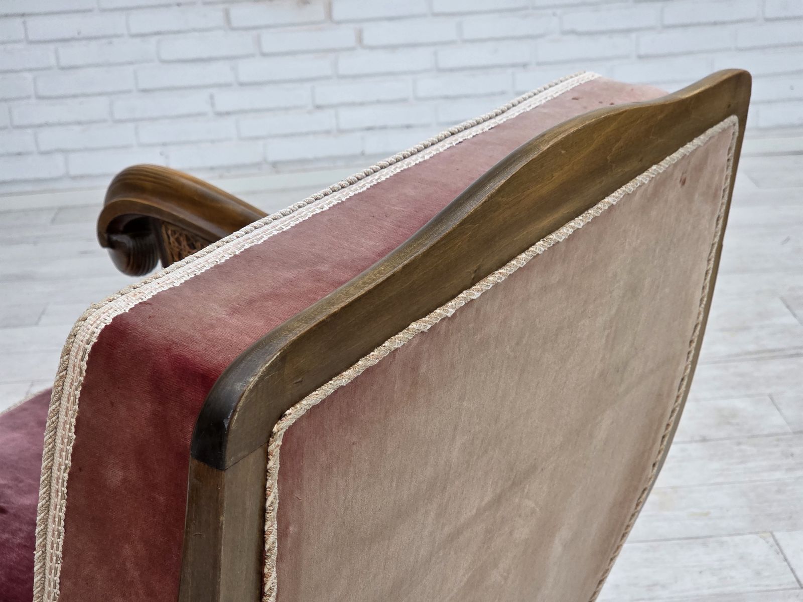 photo furniture 1940s, Danish Armchair, Woven Wool, Velour, Furniture Mesh, Carved Oak Wood.