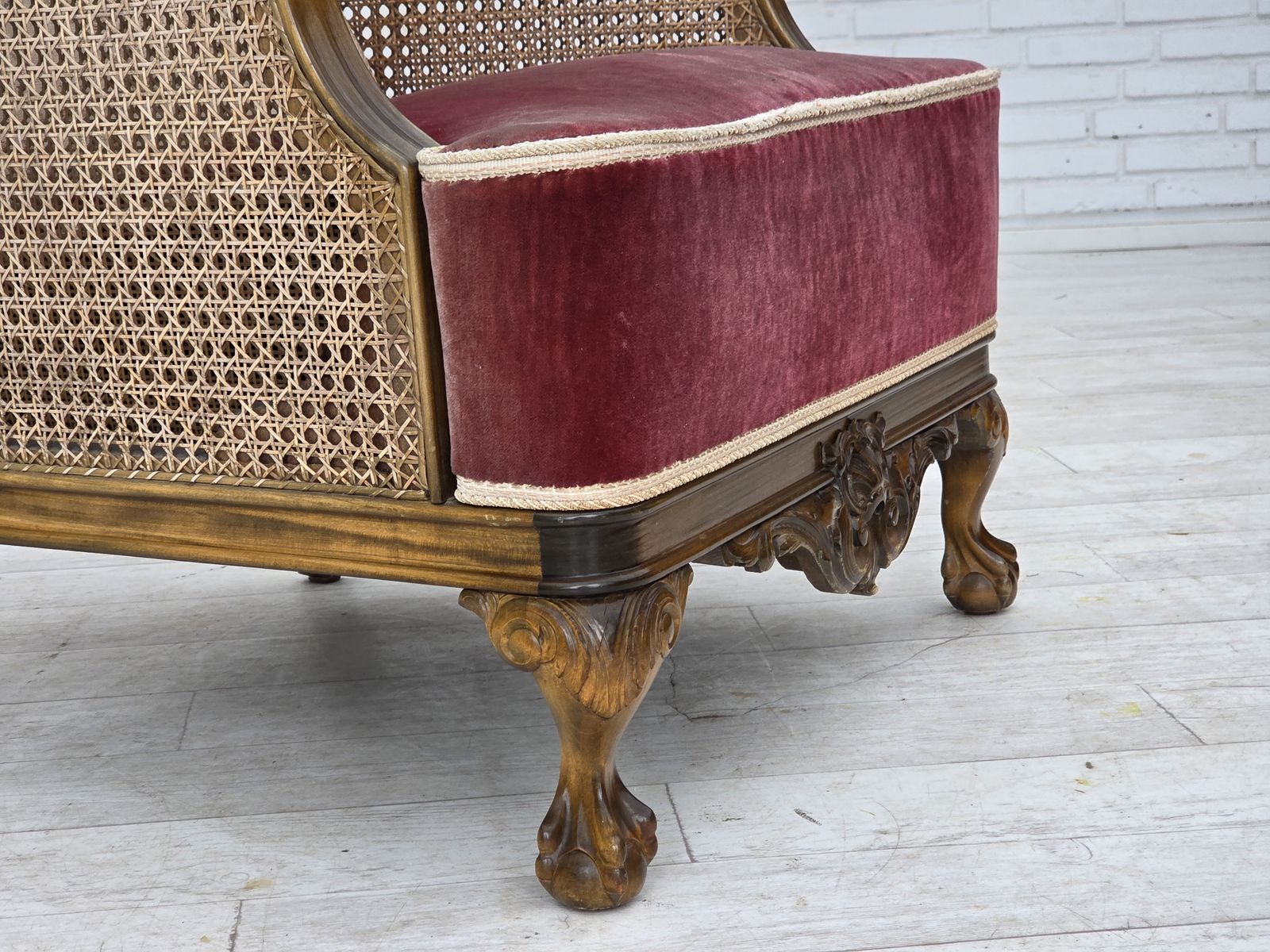 photo for sale 1940s, Danish Armchair, Woven Wool, Velour, Furniture Mesh, Carved Oak Wood.