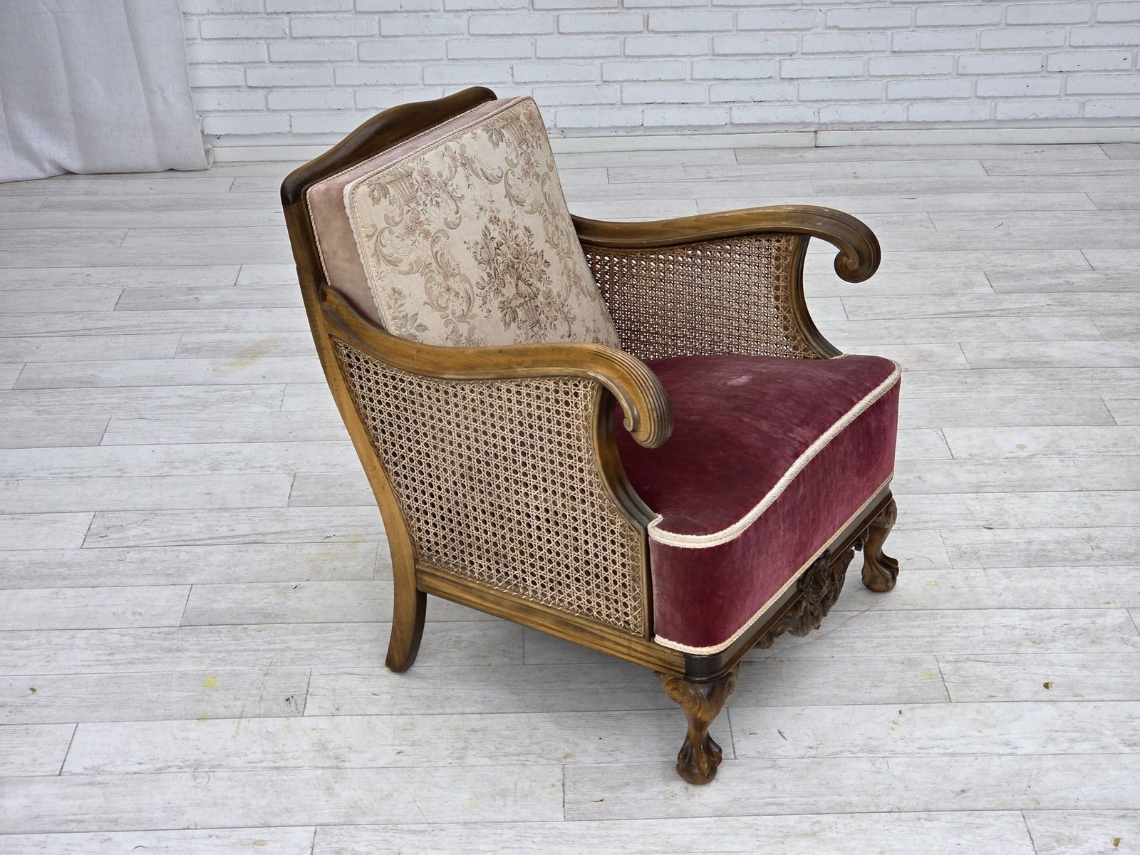 1390.0 1940s, Danish Armchair, Woven Wool, Velour, Furniture Mesh, Carved Oak Wood. photo