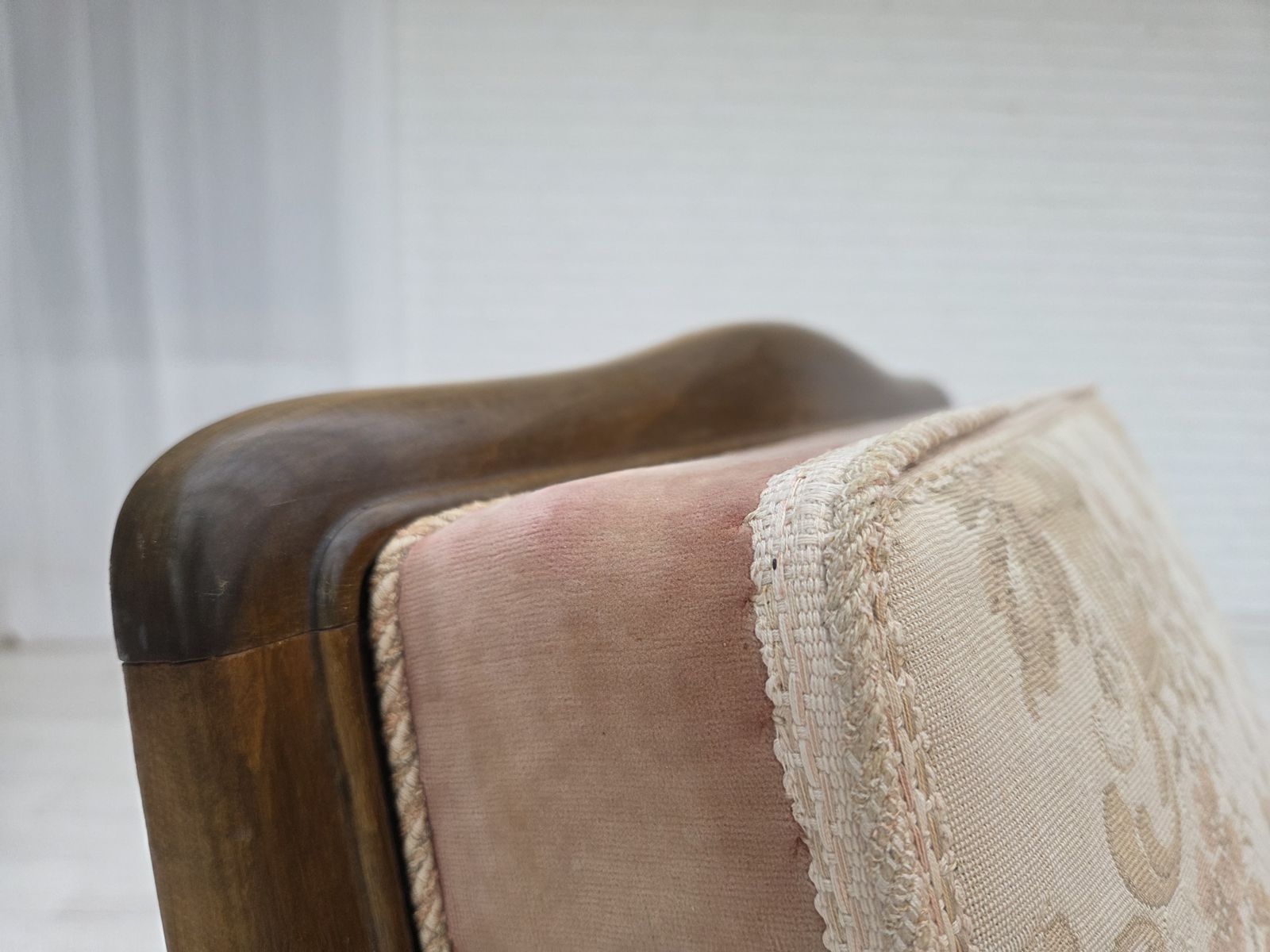 photo buy 1940s, Danish Armchair, Woven Wool, Velour, Furniture Mesh, Carved Oak Wood.