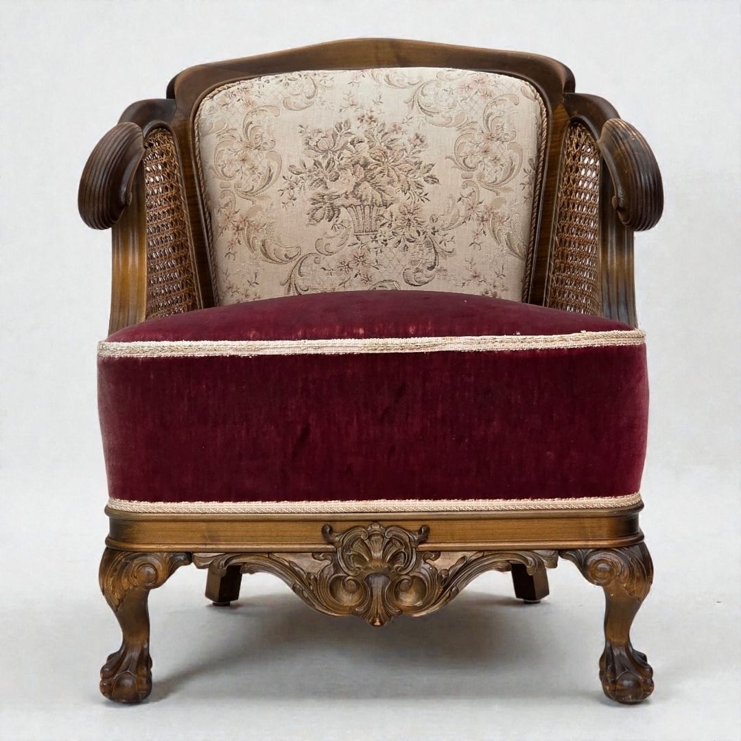 1940s, Danish Armchair, Woven Wool, Velour, Furniture Mesh, Carved Oak Wood.