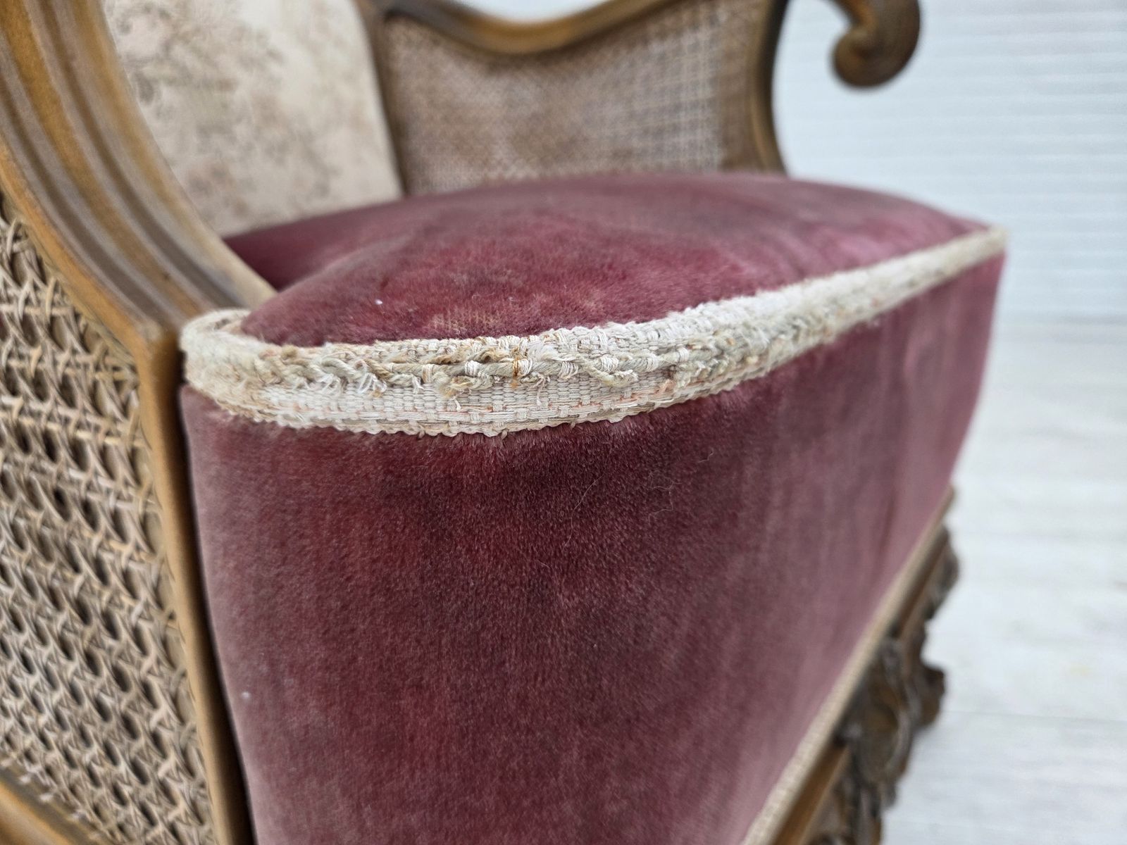 1940s, Danish Armchair, Woven Wool, Velour, Furniture Mesh, Carved Oak Wood. photo furniture