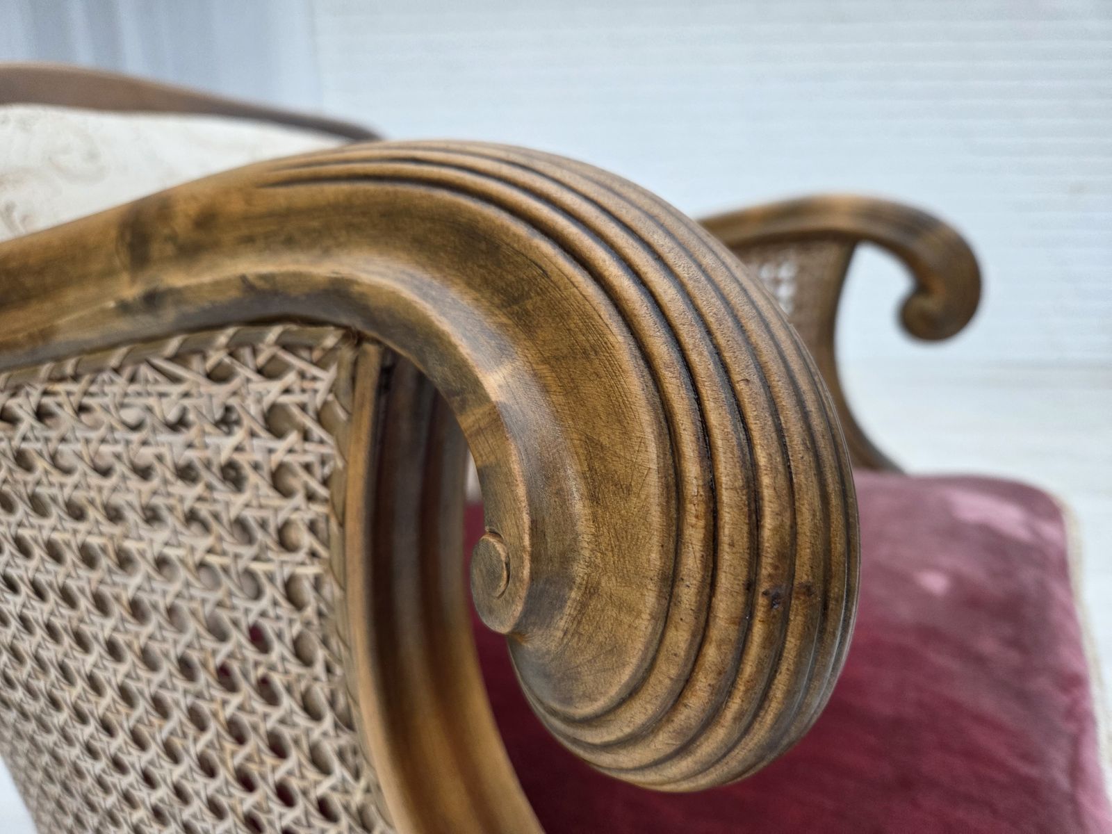 1940s, Danish Armchair, Woven Wool, Velour, Furniture Mesh, Carved Oak Wood. photo for sale