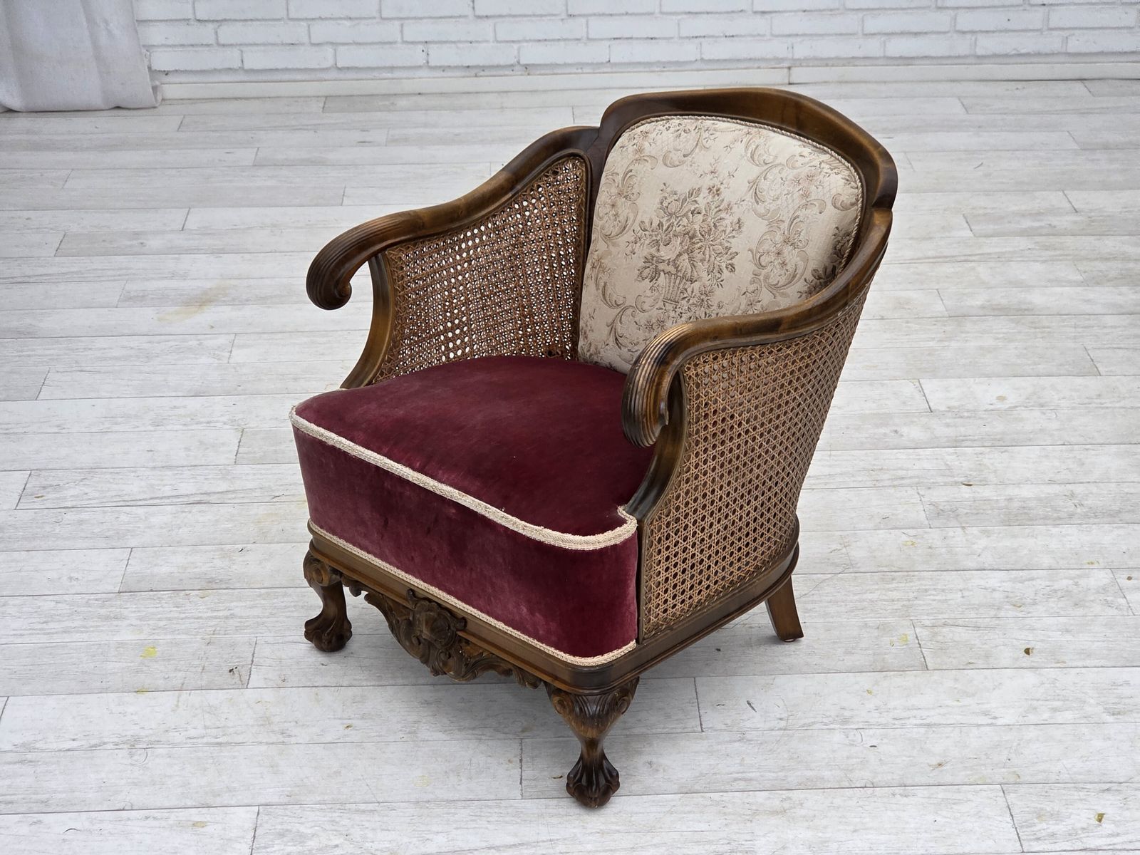 photo buy 1940s, Danish Armchair, Woven Wool, Velour, Furniture Mesh, Carved Oak Wood.