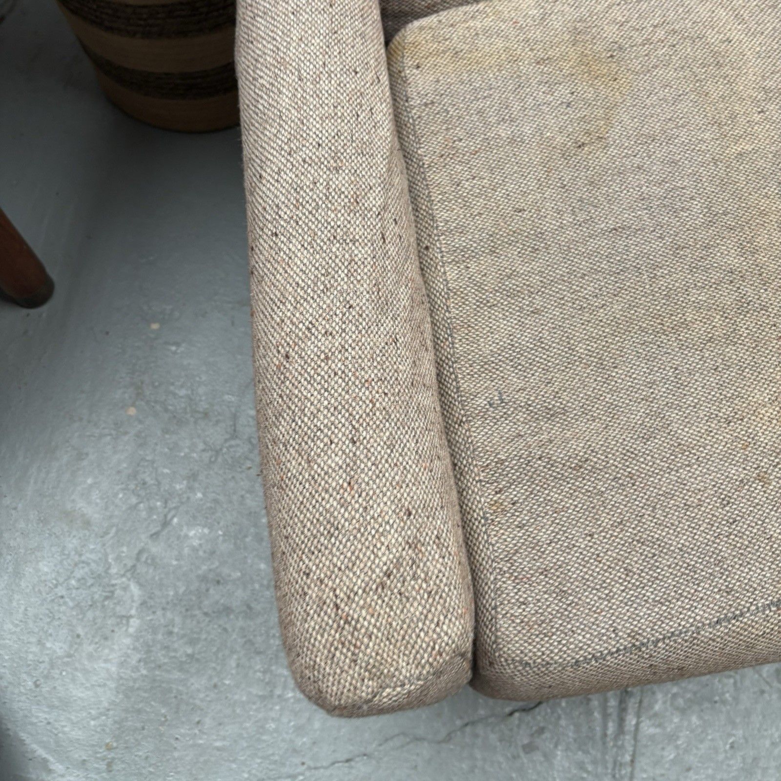 Mid Century Low & Deep Round Back Accent Oatmeal Tweed Upholstery Armchair photo for sale