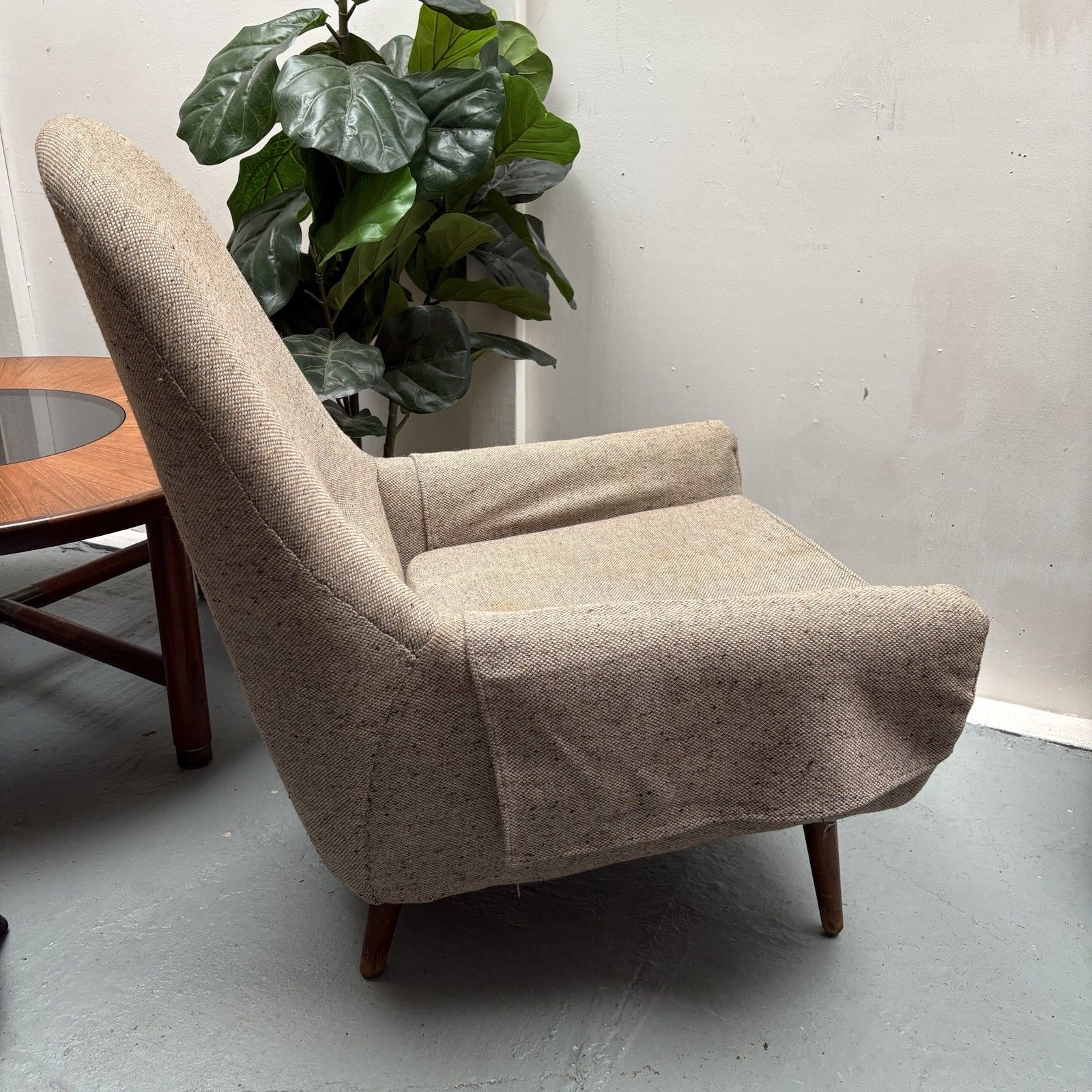 Mid Century Low & Deep Round Back Accent Oatmeal Tweed Upholstery Armchair photo buy