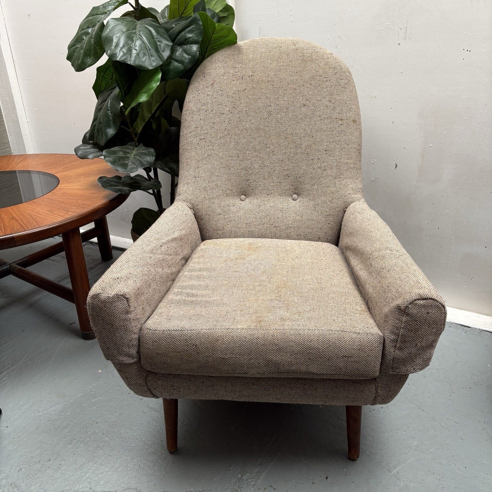 photo furniture Mid Century Low & Deep Round Back Accent Oatmeal Tweed Upholstery Armchair