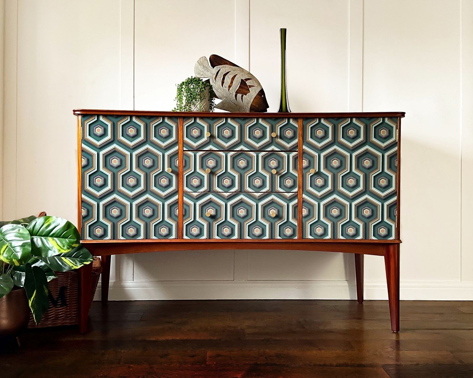 Walnut & Teak,  Mid Century Modern, Geometric Tv Stand, Media Cabinet photo furniture