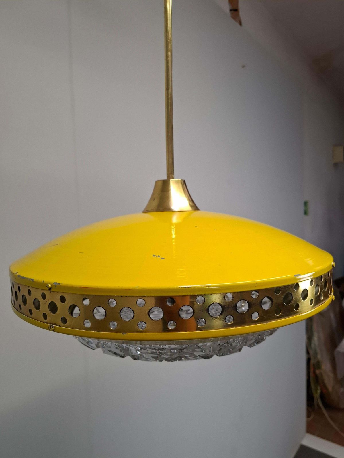 1970s Ludib Mid Century Pendant Lamp In Yellow Metal, Brass And Glass photo furniture