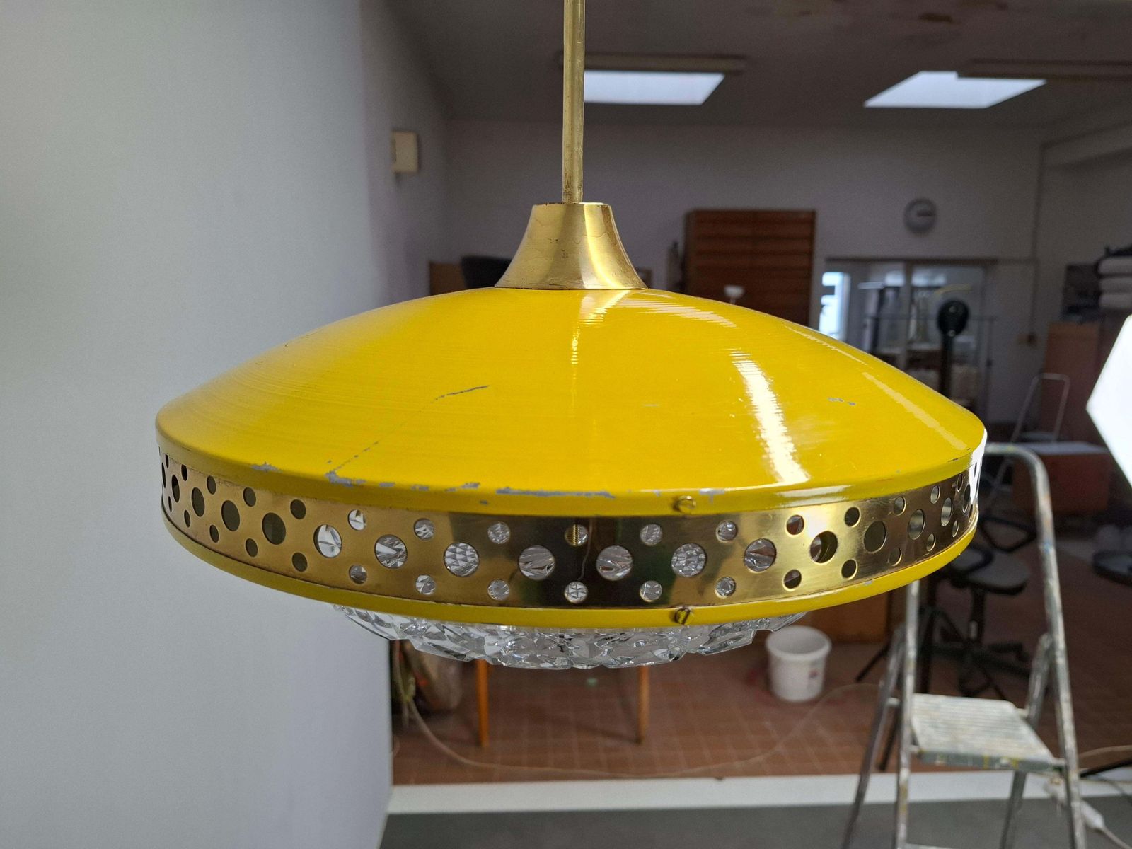 1970s Ludib Mid Century Pendant Lamp In Yellow Metal, Brass And Glass photo for sale