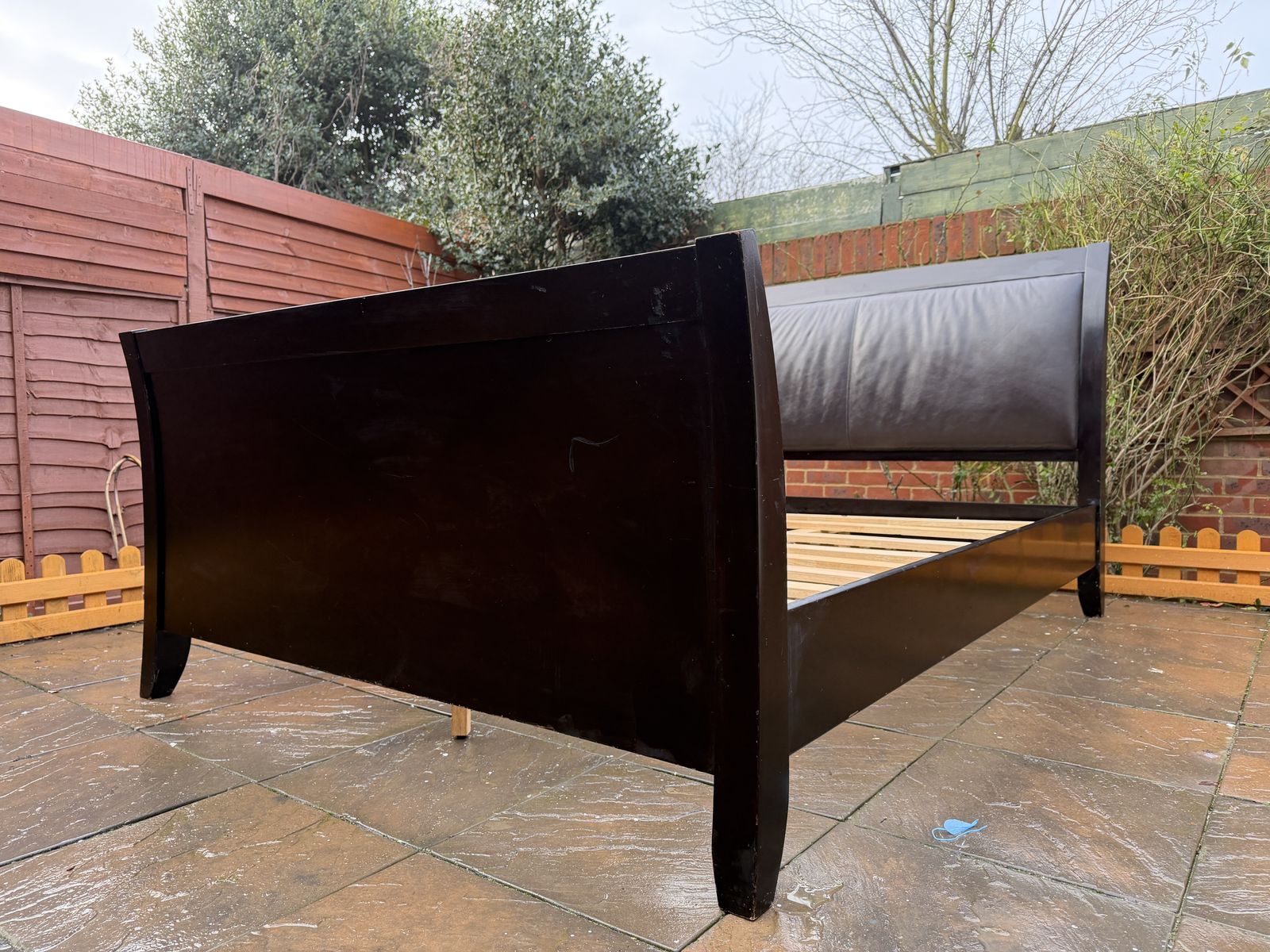Stunning Deep Merlot Contemporary Sleigh King Bed Frame With Leatherette Head Board – Very Good Condition photo Furniture