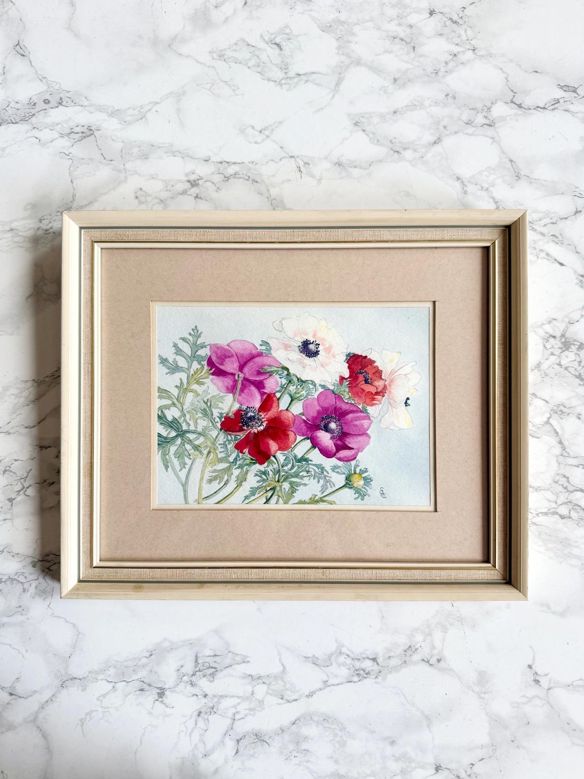 Original Signed Watercolour Painting Representing Poppy Flowers Bouquet Wall Hanging Monogrammed Framed Art Gouache