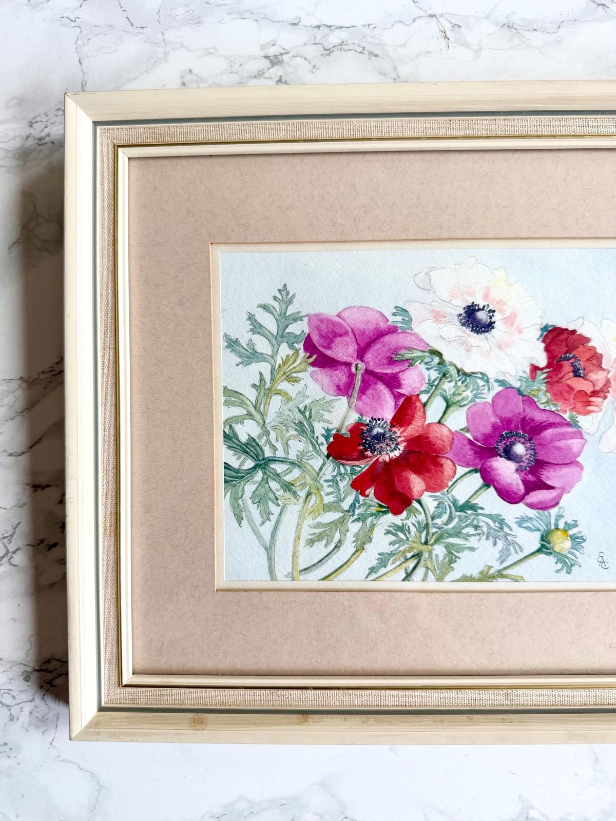 Original Signed Watercolour Painting Representing Poppy Flowers Bouquet Wall Hanging Monogrammed Framed Art Gouache photo Art