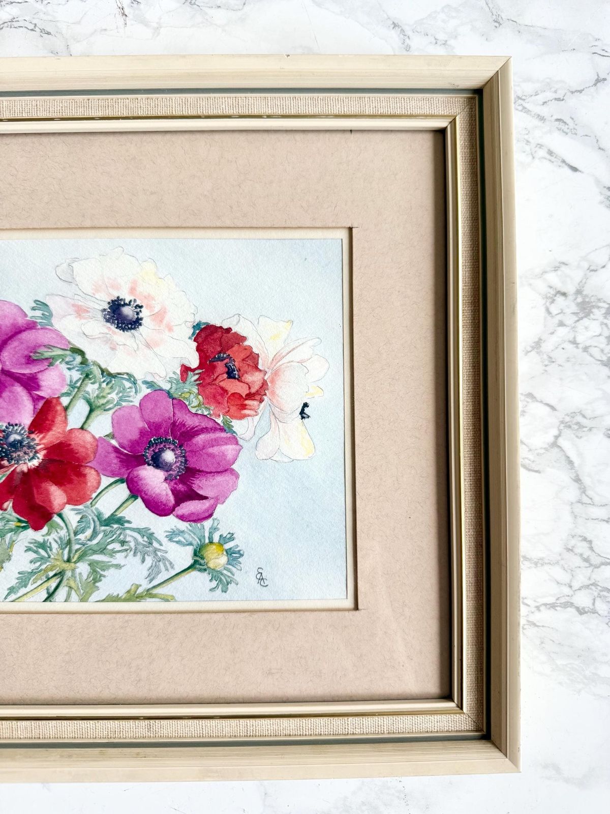 Original Signed Watercolour Painting Representing Poppy Flowers Bouquet Wall Hanging Monogrammed Framed Art Gouache photo 180.0