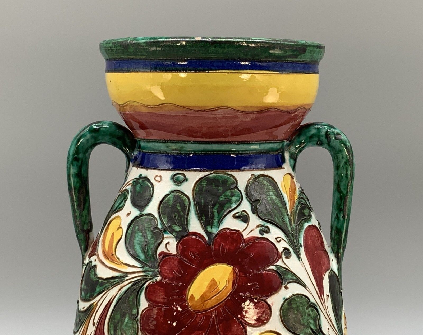 Vintage Italian Polychrome Majolica Twin Handled Vase With Flowers And Birds photo buy