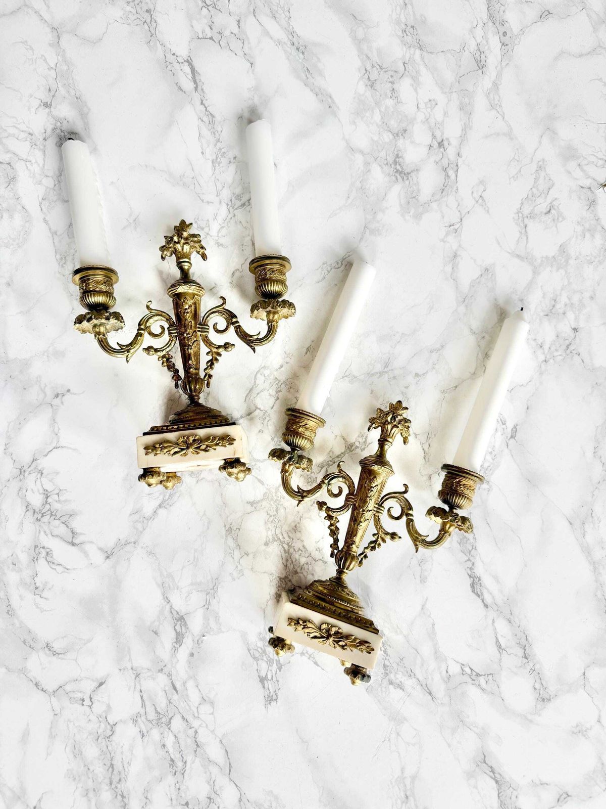 Pair Of Antique French Ormoulu Gilded Bronze And White Marble 2 Lights Candle Sticks Holders Louis XVI Style Neoclassical Decor Chateau